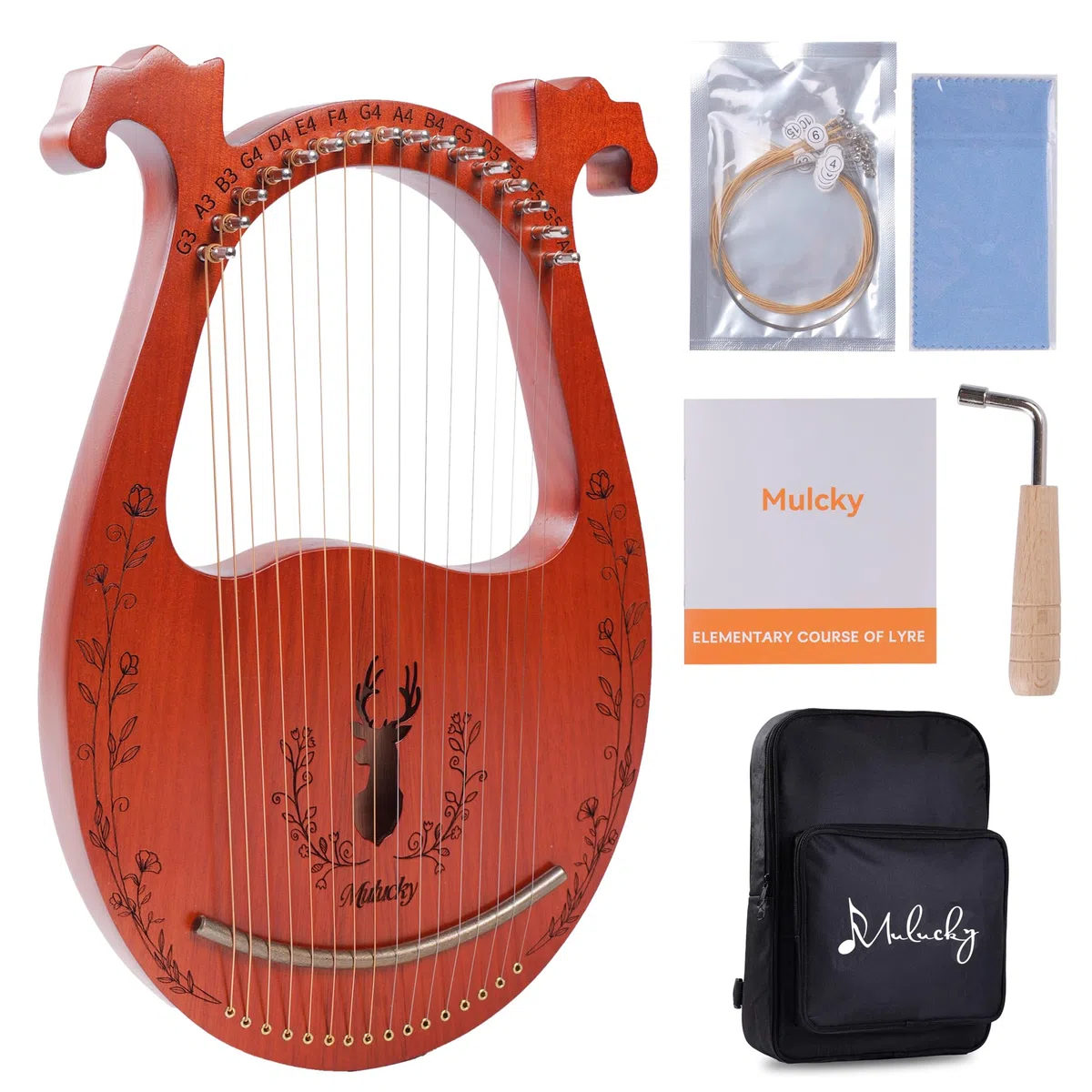 Mulucky Lyre Harp, 16 Metallsaiten, Mahagoni-Körper, Kupfersattel, Mini Lyre Harfe mit Stimmschlüssel und Tasche für Anfänger