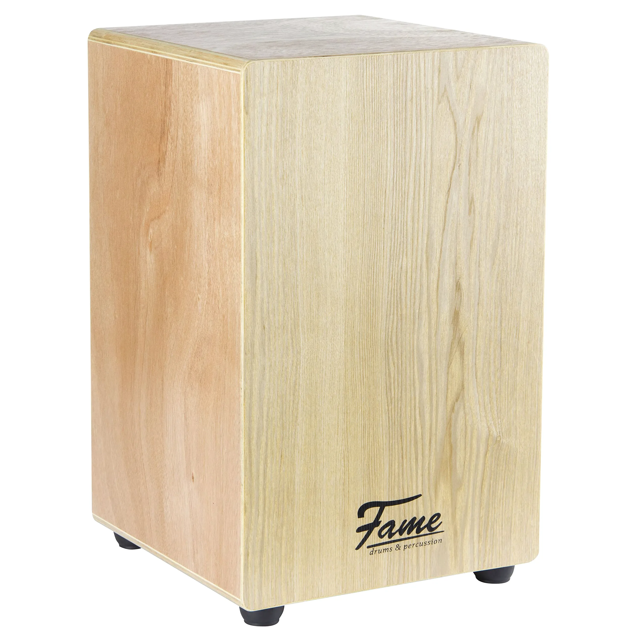 Fame Cajon-Set, Beginner Cajon mit Tasche, Natur Esche Holz, Matt Finish, Gitarrensaiten, 30x30x48 cm, inklusive Stimmschlüssel