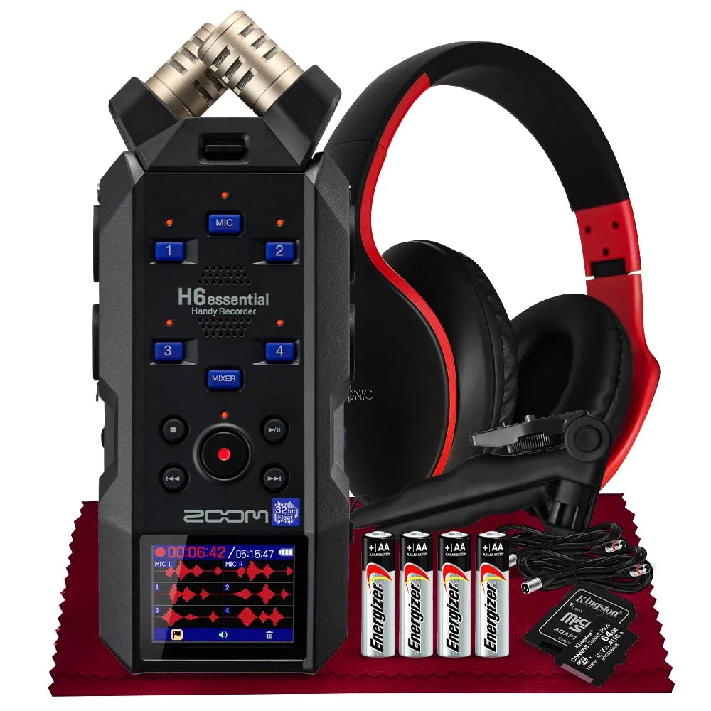 Zoom H6essential Tragbarer Studio-Recorder, H6E 32-Bit Float, 6-Spur-Recorder, 4XLR/TRS mit 64GB SD, Stativ, Kopfhörer mit Mikrofon, Batterien und mehr für Musiker, Podcaster, Filmemacher