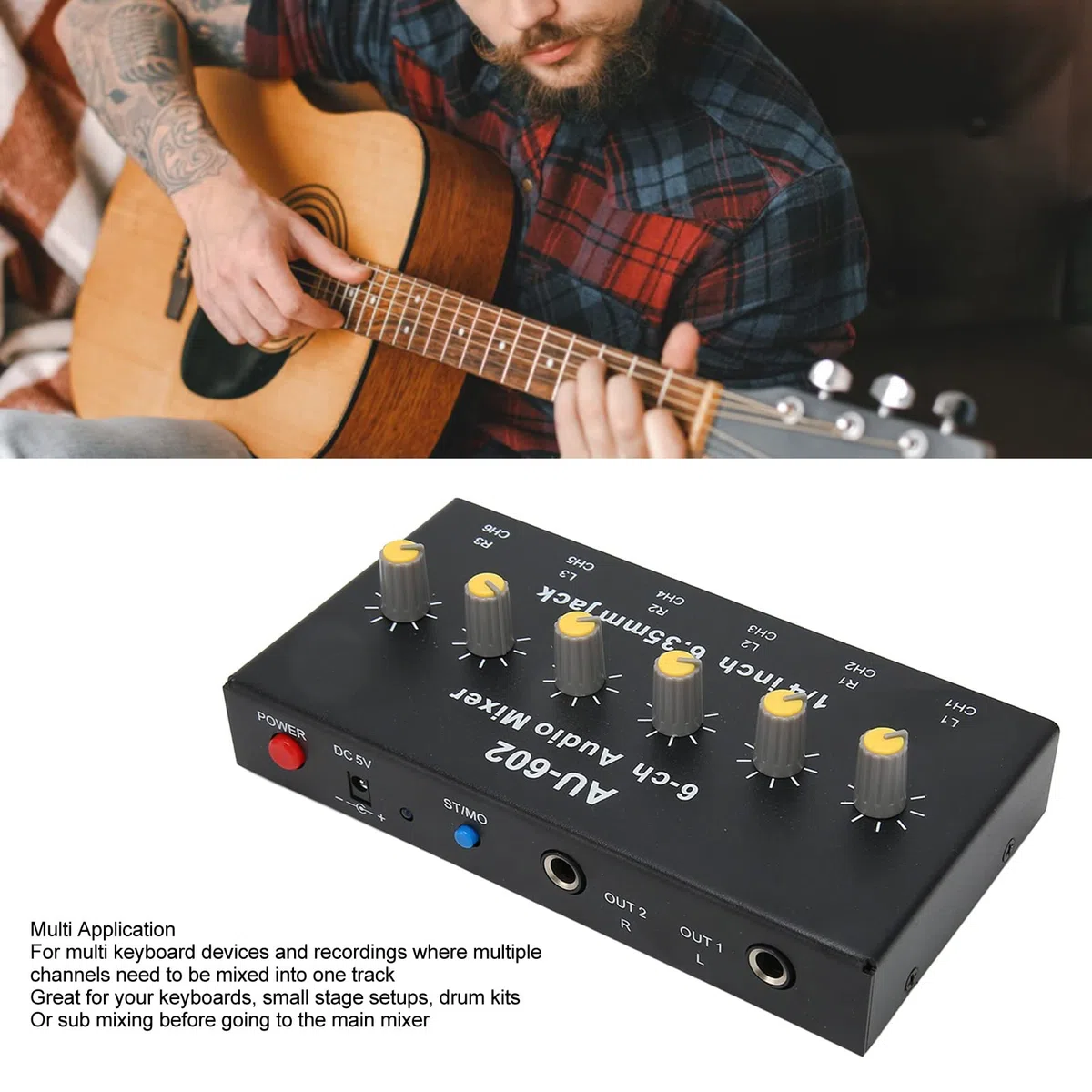 Audio-Mixer, 6 Mono-Kanäle, 3 Stereo-Kanäle, Rauscharmer 6,5-mm-Eingang/Ausgang, Line-Stereo-Sound-Mixer, für Gitarren, Bass, Keyboards, Mikrofon