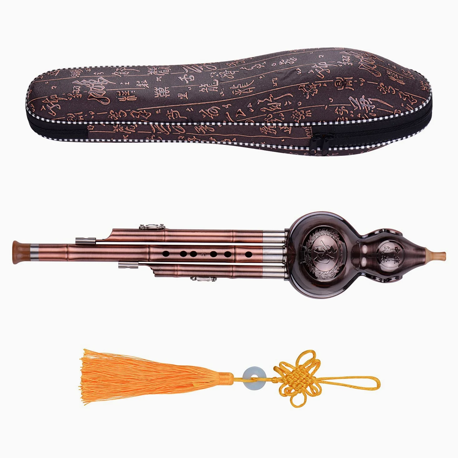 COMETX Kürbis-Flöte, 3 Töne, C-Schlüssel, Hulusi, Kürbis-Flöte, Aluminium mit verkupferten Rohren, traditionelles chinesisches Instrument mit chinesischem Knoten, Tragetasche für Anfänger,