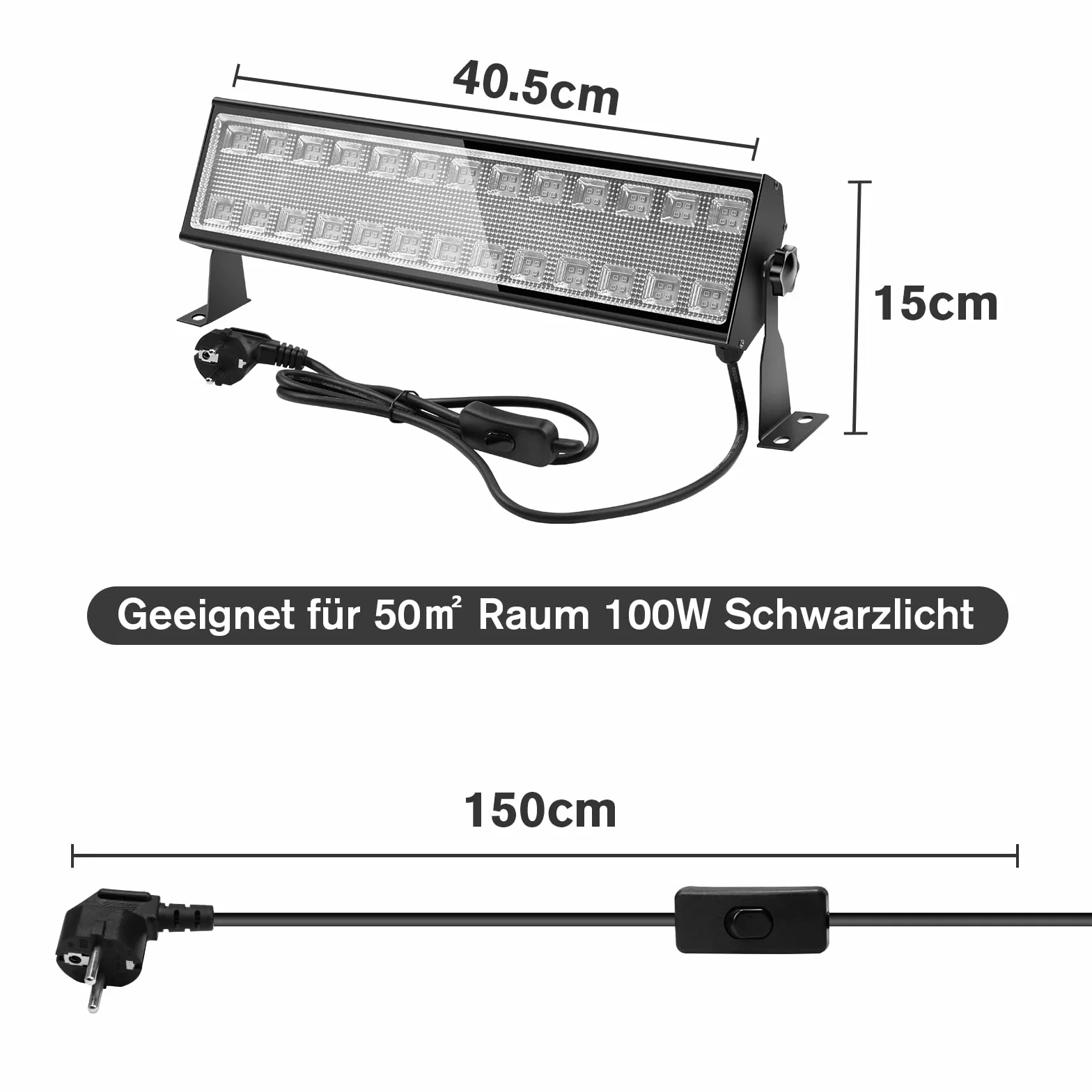 100W UV Schwarzlicht Röhre,Bar Zubehör Schwarzlichtlampe mit 1.5M Stromkabel Stecker und Schalter, Aluminium Blacklight für Neonfarbe, Halloween, Bühnen,