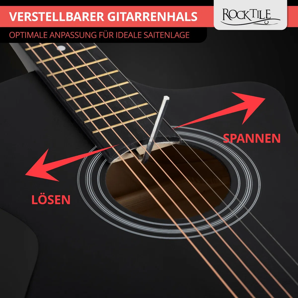 Rocktile Westerngitarre - 6 saitige kompakte Concert-Korpus Akustikgitarre mit Cutaway - Decke, Boden & Zarge aus Linde - Ideal für Einsteiger, Jugendliche & kleine Hände - Schwarz Seidenmatt