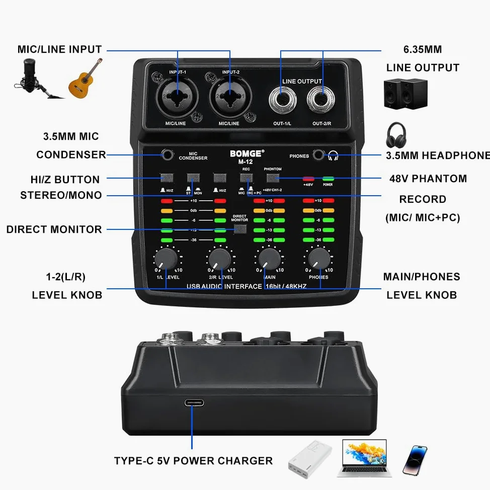 BOMGE M12 USB Audio Interface, 2-K Mixer, XLR/3,5 mm Eingang, 48V Netzteil, Soundkarte für PC Aufnahme, Studio, Live-Show, Karaoke, Plug&Play