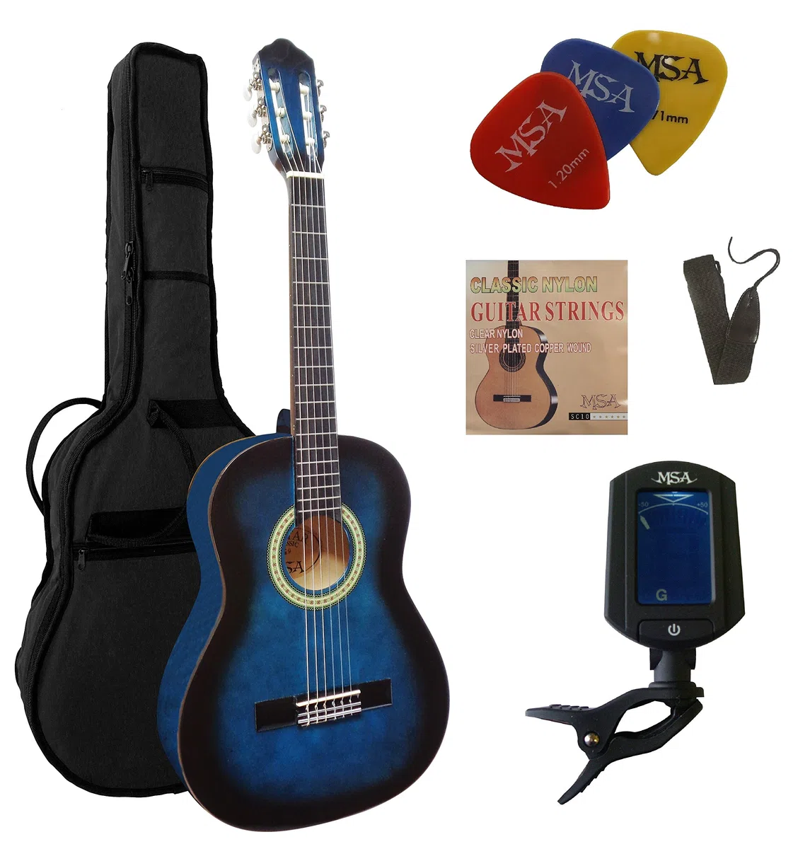 3/4 C9 Konzertgitarre Set - blau schattiert - Lindenholz Deckel - Tasche - Gurt - Saiten - 3 Plektren - Stimmgerät ET33B