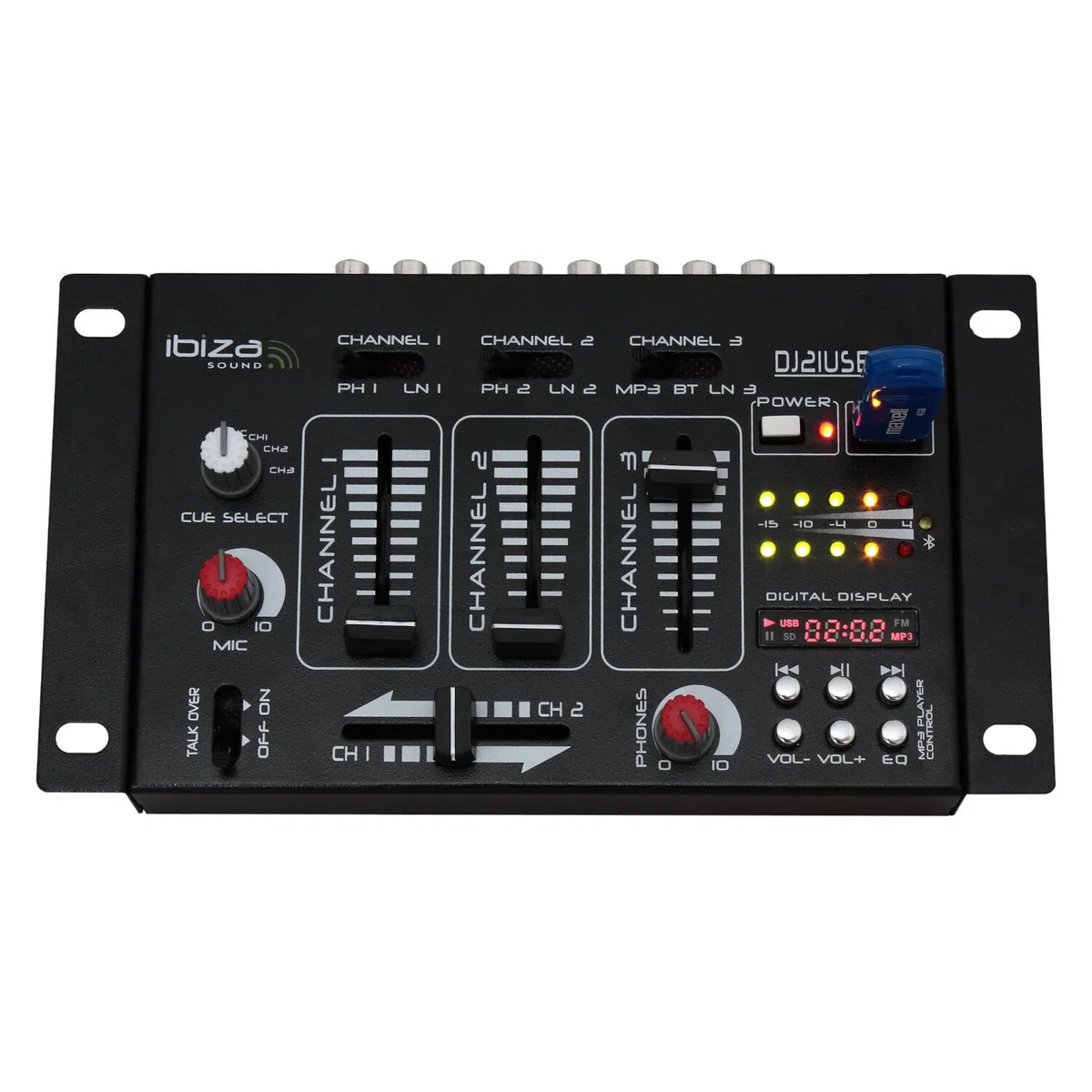 Ibiza - DJ21USB-BT - 4-Wege/7-Kanal-Mixer mit verschiedenen Eingängen - Bluetooth und USB - Schwarz