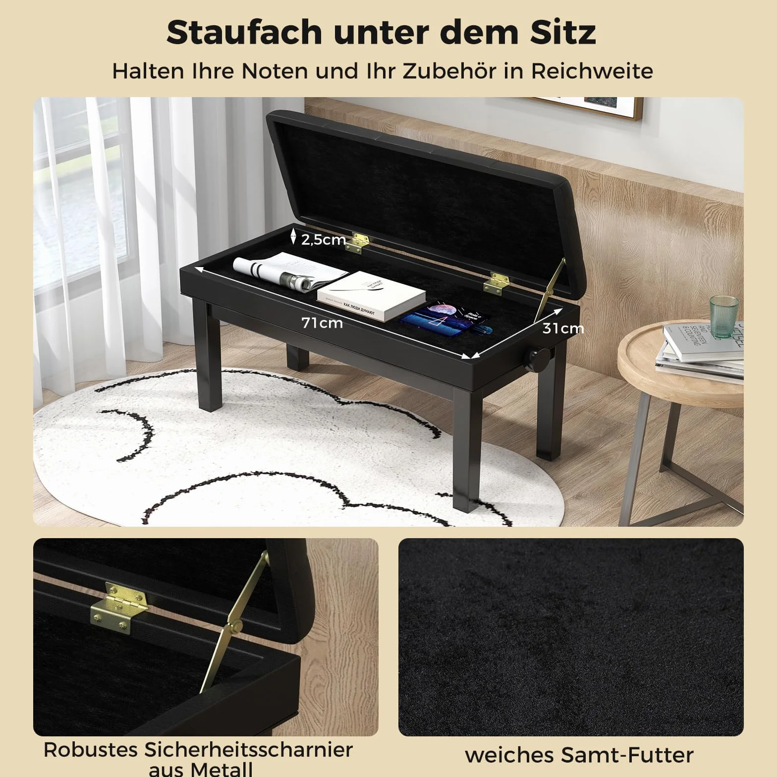 COSTWAY Klavierhocker höhenverstellbar, Klavierbank mit Stauraum, Pianobank für 2 Personen bis 200kg belastbar, Piano-Sitzbank mit gepolstertem Kissen, Schwarz