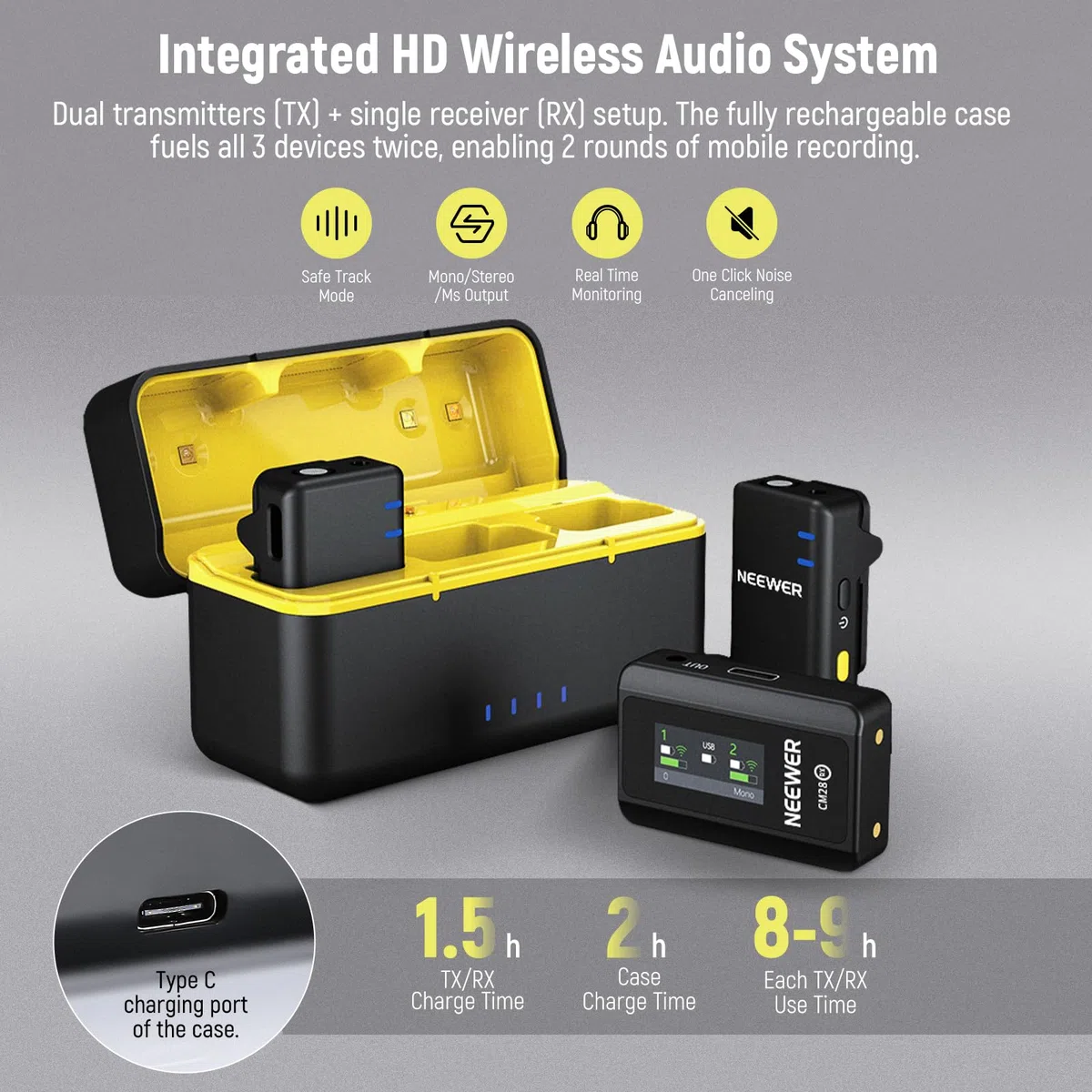 NEEWER CM28 Kabelloses Lavalier Mikrofonsystem mit Ladeetui, Geräuschunterdrückung, 4GB Speicher für 9 Std. unkomprimiertes 48kHz 16Bit Audio Ansteckmikrofon, kompatibel mit iPhone/PC/Kamera, 2er Pack