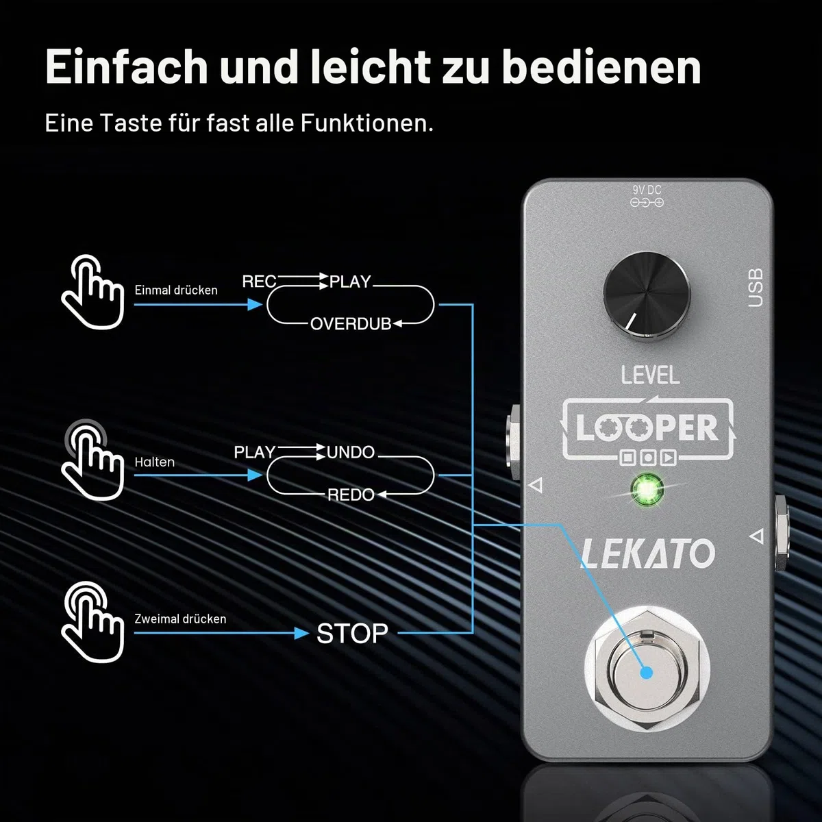 LEKATO Looper-Pedal,Gitarren-Looper-Effekt-Pedal Loop-Pedal Unlimited Overdubs Loop-Station 5 Minuten Looping-Zeit mit USB-Kabel für Gitarren-Bass