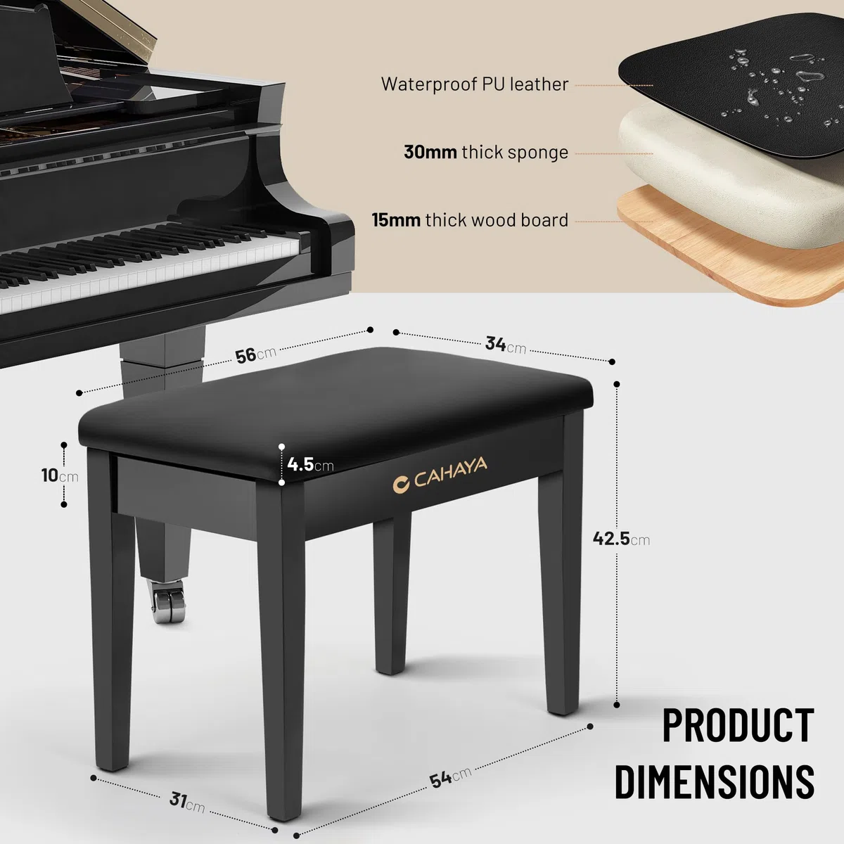 CAHAYA Multifunktional Pianobank mit Stauraum Massivholz: 56 * 34cm PU Leder Gepolsterter Klavierhocker mit Ablagefach - Tragfähigkeit 150 kg Schwarz CY000397