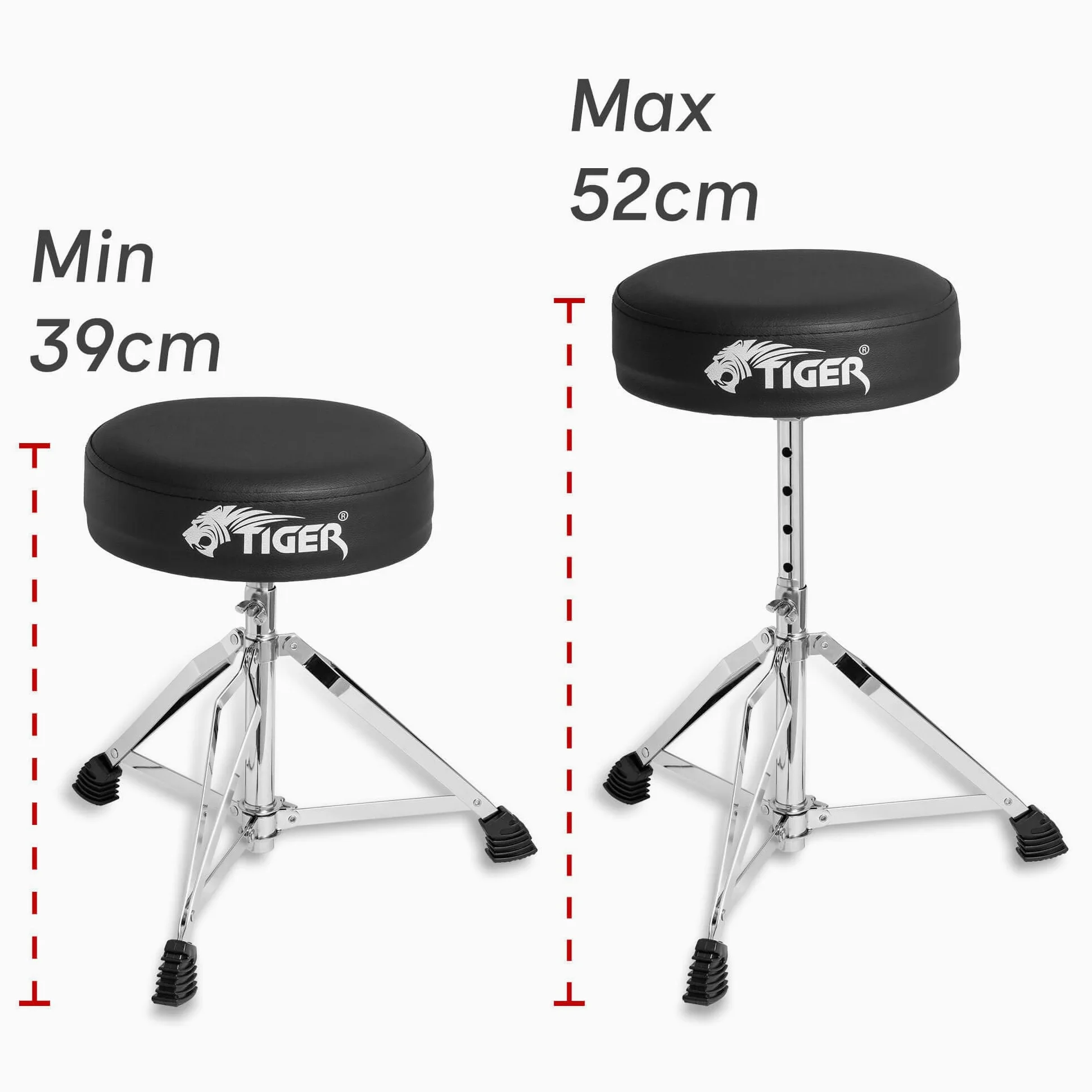 Tiger Schlagzeugthron höhenverstellbar klappbar Schwarz | Höhe 39–52 cm, 5 Stufen, gepolsterter Sitz, rutschfeste Füße, faltbar mit abnehmbarer Sitzfläche
