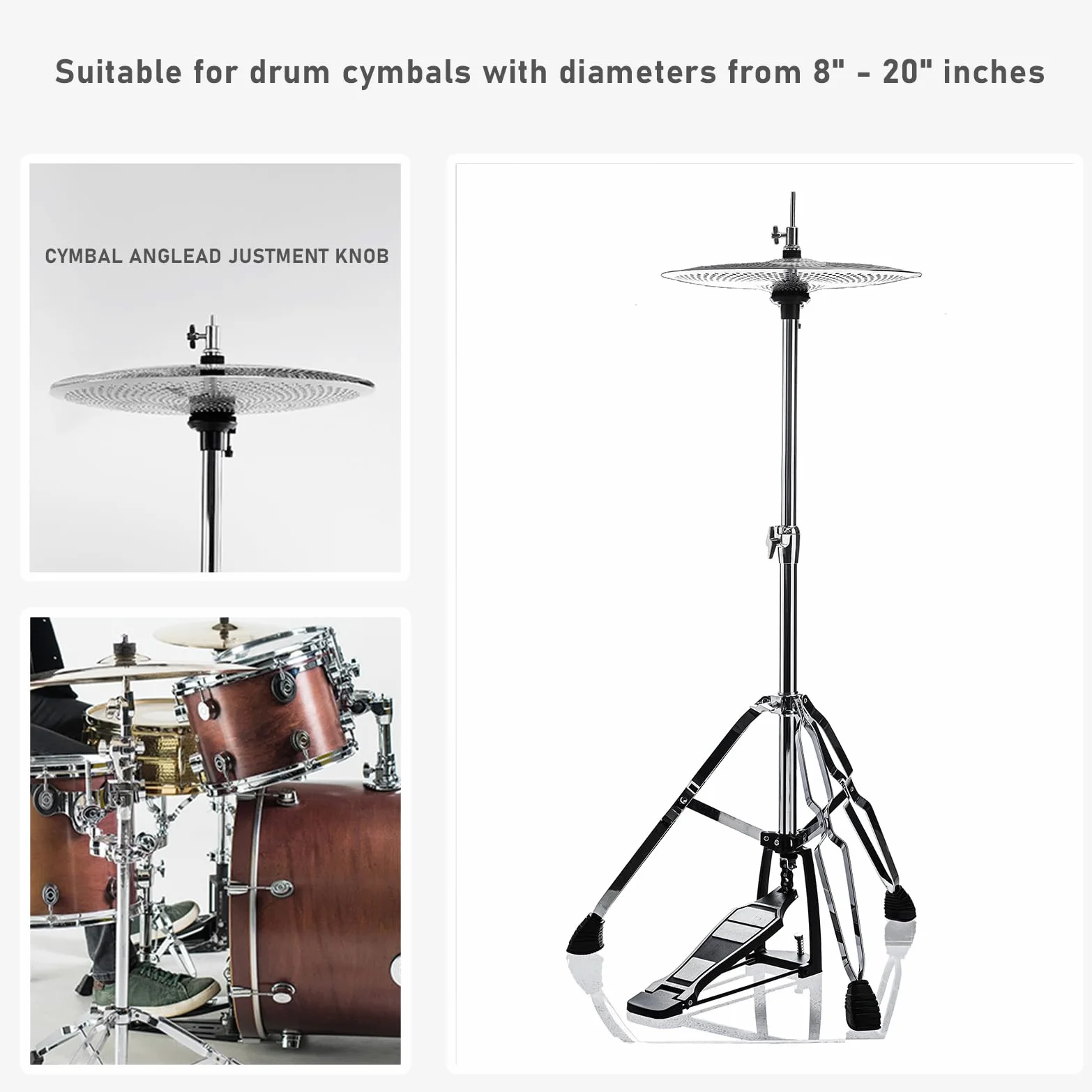 Hi-Hat-Ständer, stativunterstützung, höhenverstellbar von 23,6" bis 39,3", doppelstrebiger High-Hat-Ständer mit verbreiterten, rutschfesten Gummifüßen (V-CC-FK11)