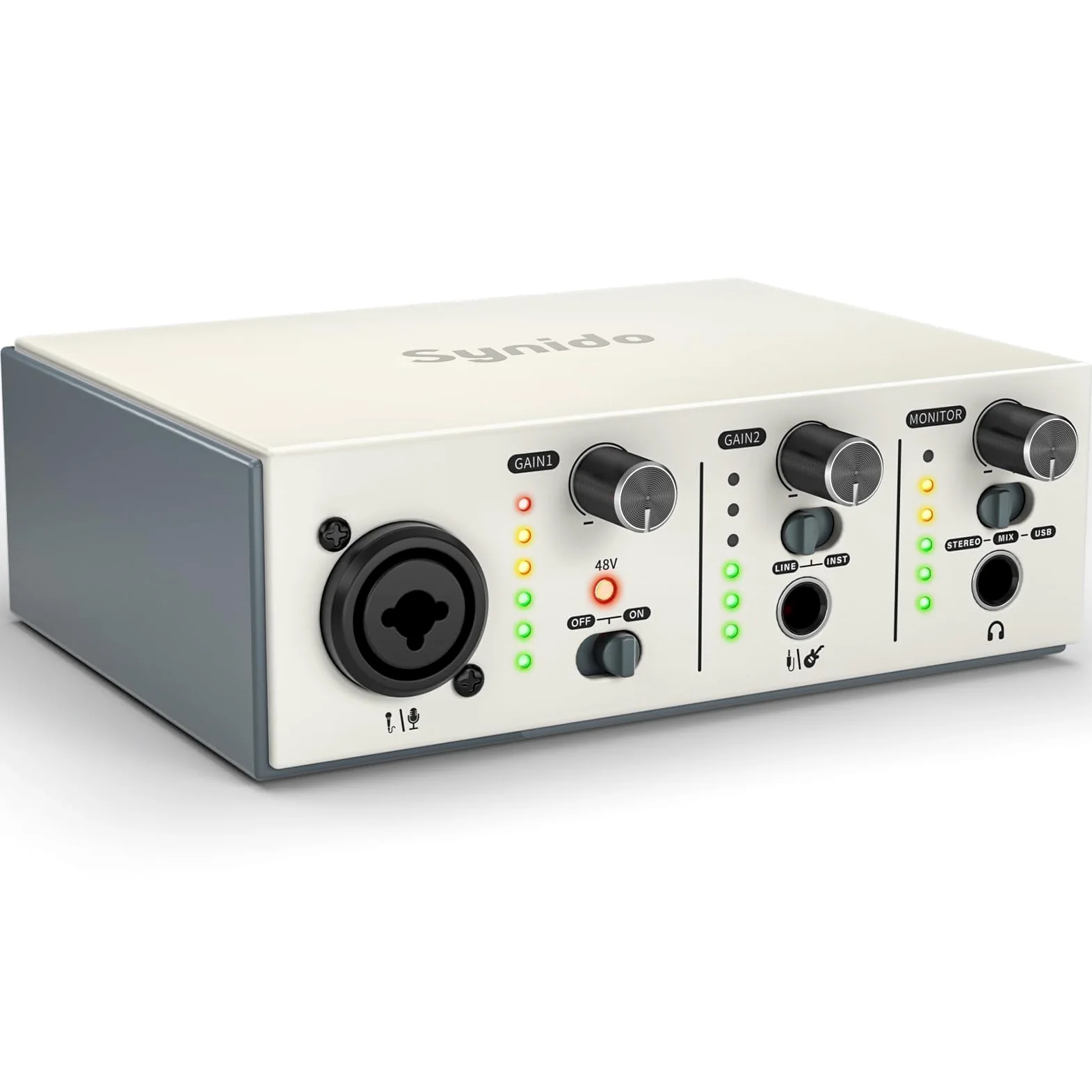 Synido USB-C Audio Interface für Aufnahme, Musikproduktion,Streaming,Podcasting Live Auftritte 2 Kanäle, 24bit/48kHz, 48VPhantomspeisung, XLR/Klinken Eingänge, 3 Monitoring Modi, für Mac/PC, Silber