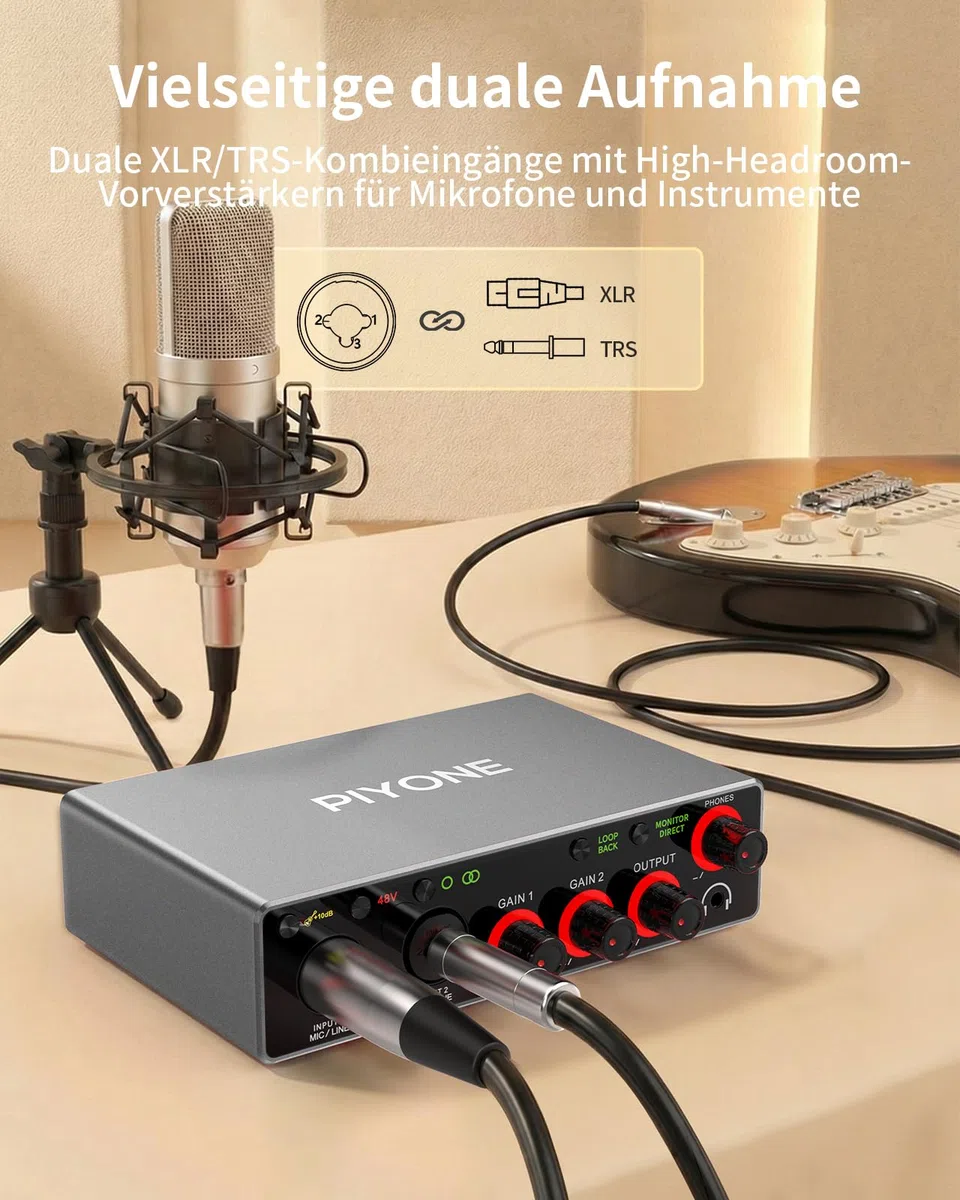 Audio-Interface, 2X2 24-Bit/192kHz Interface für High-Fidelity & Studioqualität, PC/Mac/iOS-Aufnahmen, XLR/TRS-Kombieingang, Monitor-Mix/Loopback-Funktion, Ein-Kabel-Lösung (Aluminium-Grau)
