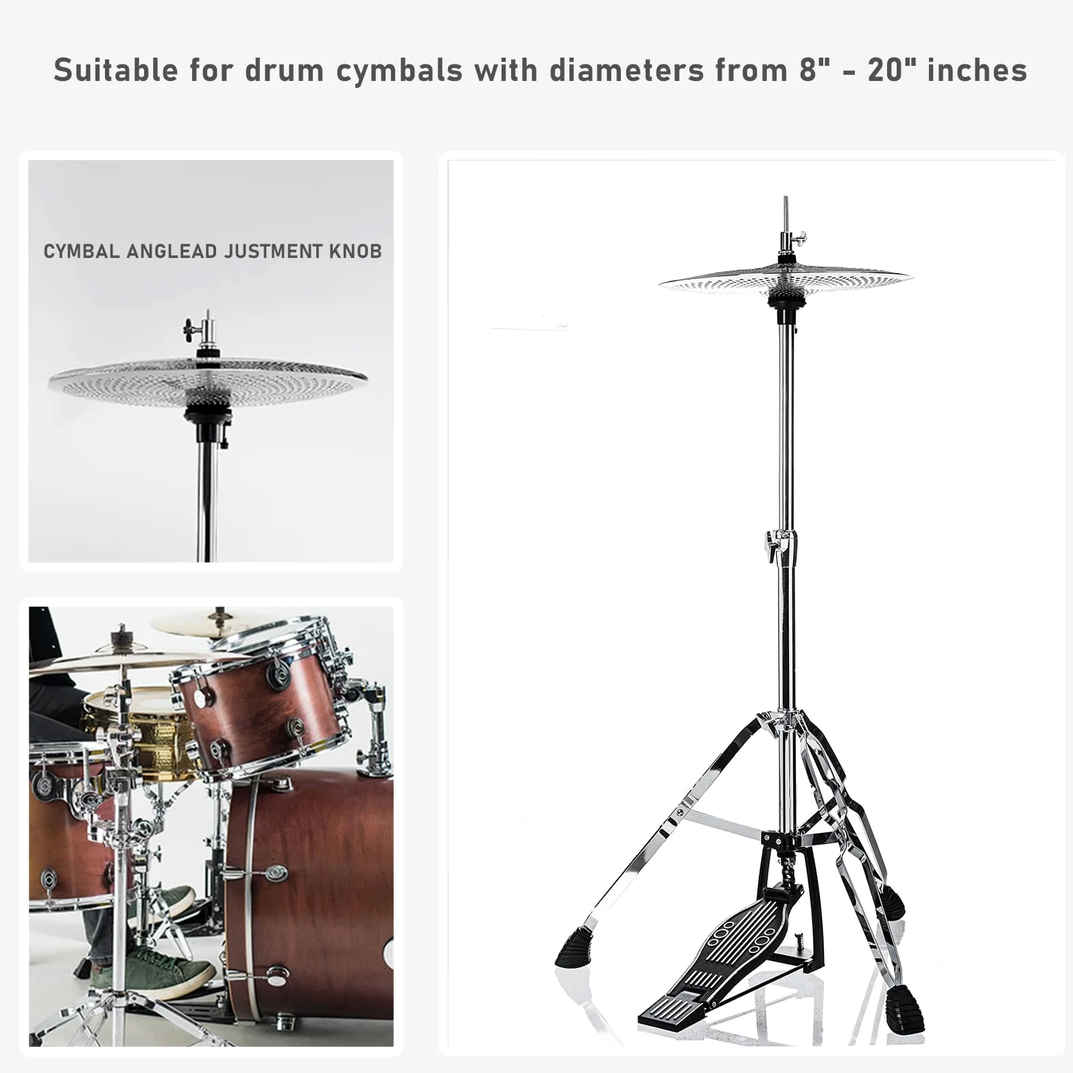 Hi-Hat-Ständer, stativunterstützung, höhenverstellbar von 23,6" bis 39,3", doppelstrebiger High-Hat-Ständer mit verbreiterten, rutschfesten Gummifüßen (V-CC-ST09)