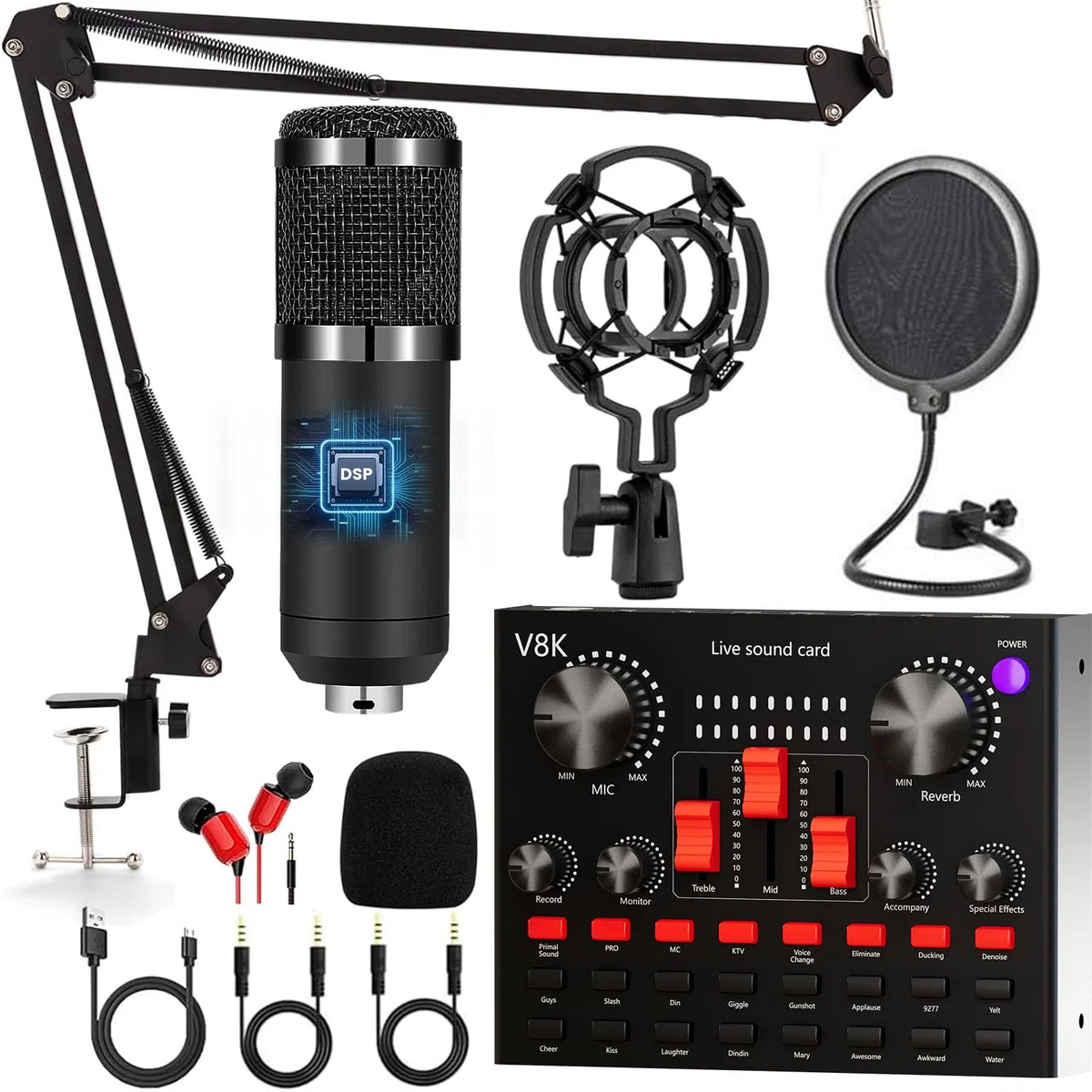 Podcast Mikrofon Bündeln, Audio Interface mit Cardioid Designer BM800 Mikrofon für Gamer und All-in-One Mischpultr, Perfekt für Live Streaming, YouTube, Gaming