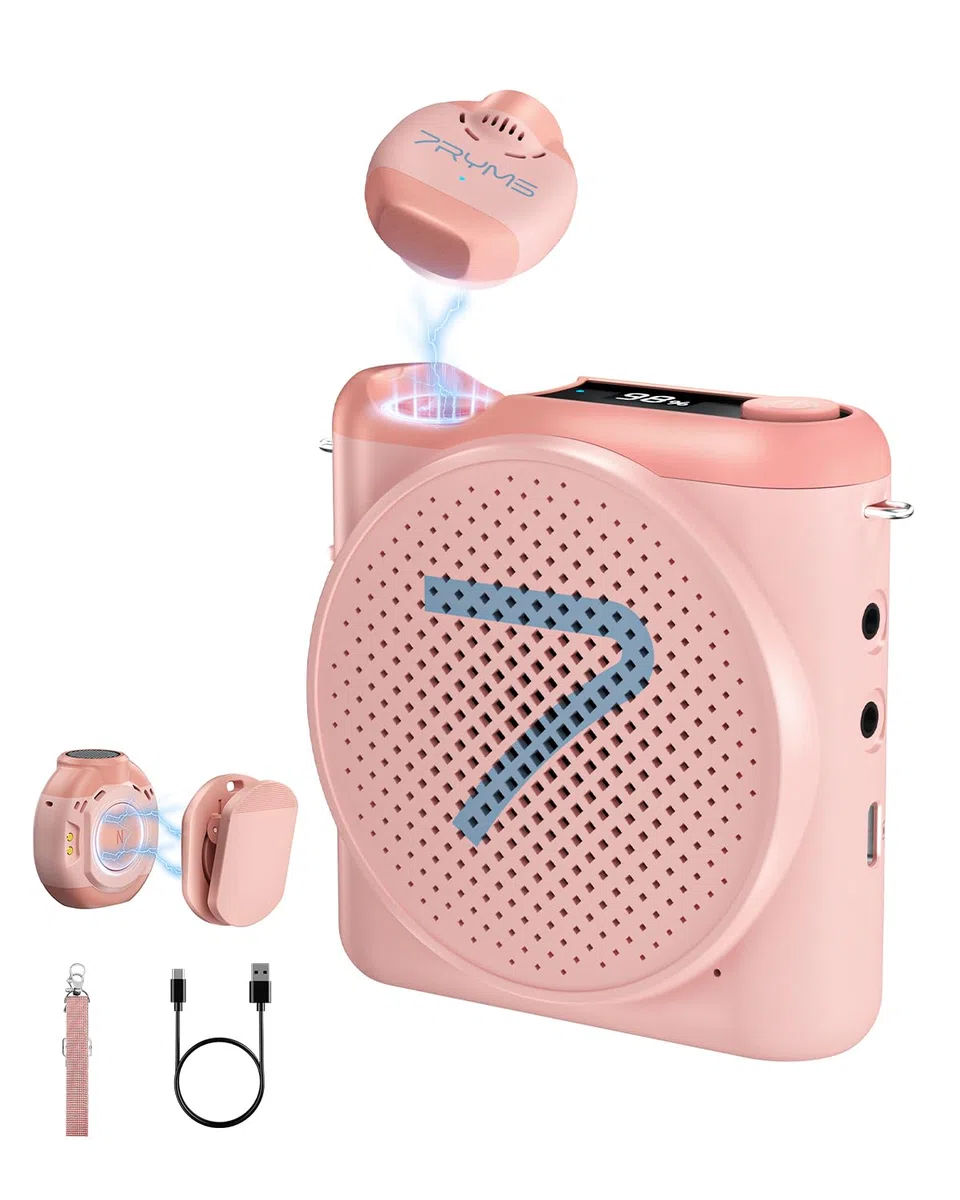 7RYMS WA2 Kabelloser Sprachverstärker mit magnetischem Ansteckmikrofon für Lehrer, tragbares Clip-Mikrofon mit Geräuschunterdrückung, 50 m Reichweite, 23 Stunden Betriebszeit (Rosa)