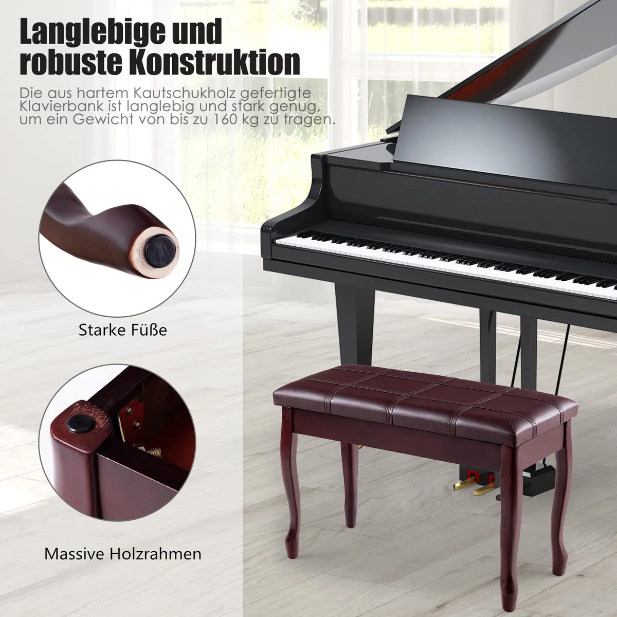 RELAX4LIFE Piano-Bank aus Massivholz, Klavierhocker mit gepolstertem Sitz aus Kunstleder, Klavierbank mit Gebogenem Fuß, 2-Sitzer-Bank mit Ablagefach, bis 160 kg belastbar, 75 x 35 x 49 cm (Braun)