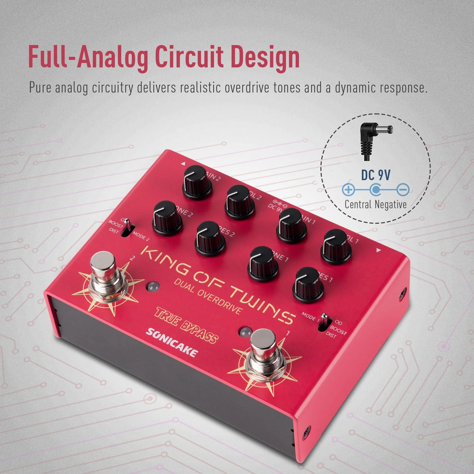 SONICAKE Overdrive Pedal Dual Channel, Overdrive/Boost/Distortion 3 Modi Reine Analogschaltung True Bypass 4 Regler pro Kanal QDS-08