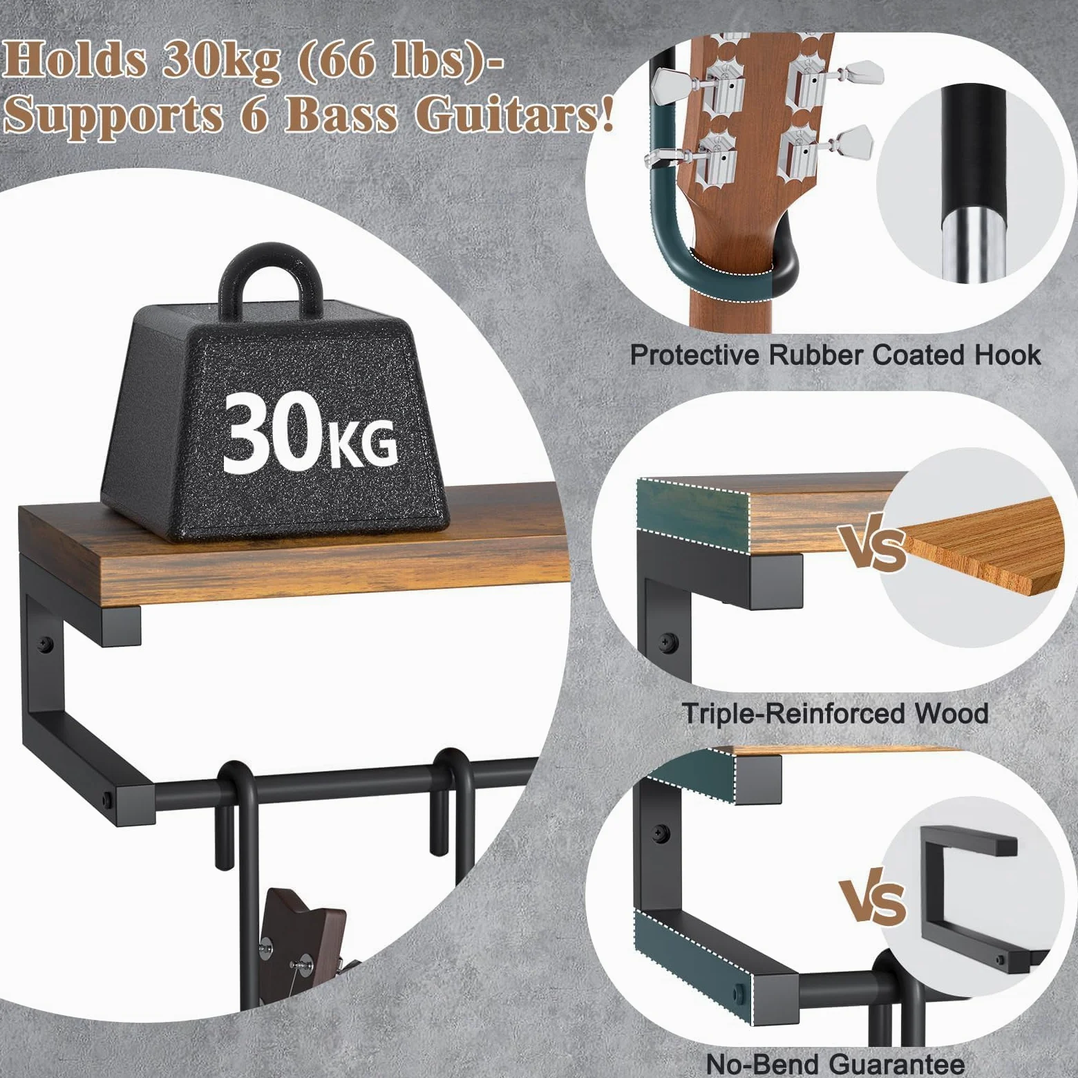 Gitarrenhalter für die Wand, 6 Gitarren Wandhalterung, Wandhalterung Gitarre mit Groß Regal, Gitarrenhalter Wand für Akustikgitarre Bass e Gitarre Ukulele Ständer Zubehör Double-Sided
