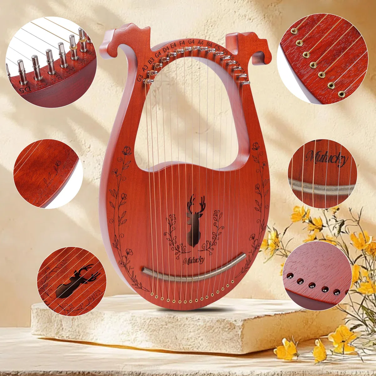 Mulucky Lyre Harp, 16 Metallsaiten, Mahagoni-Körper, Kupfersattel, Mini Lyre Harfe mit Stimmschlüssel und Tasche für Anfänger