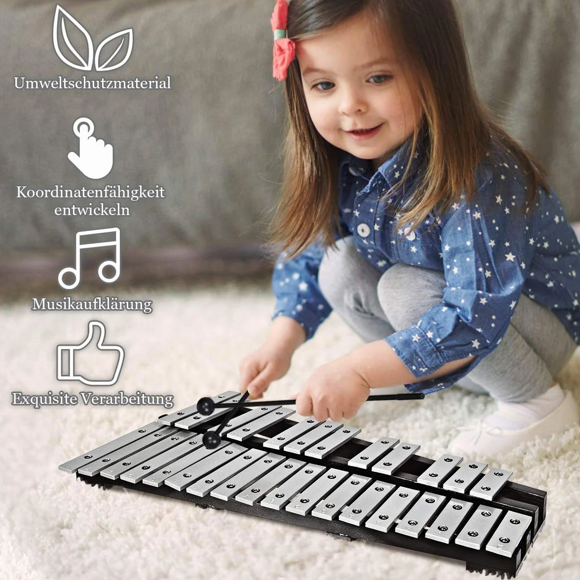 COSTWAY 30 Noten Xylophon Glockenspiel, mit 2 Schlägeln & Tragetasche, Musikinstrument Holz Aluminum, Percussion Geeignet für Kinder und Erwachsene, Weiß+Schwarz