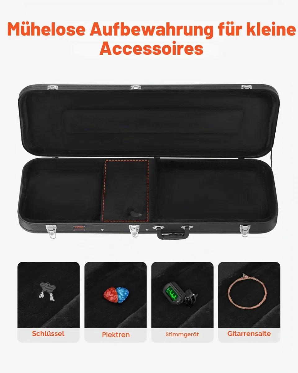 VEVOR Hartschalenkoffer für E-Gitarre, rechteckiger 1095mm Gitarrenkoffer, mit Schloss, PVC-Polsterung, weichem Futter, wasserabweisendem Case, Geeignet für 39 Zoll/99 cm E-Gitarren, schwarz