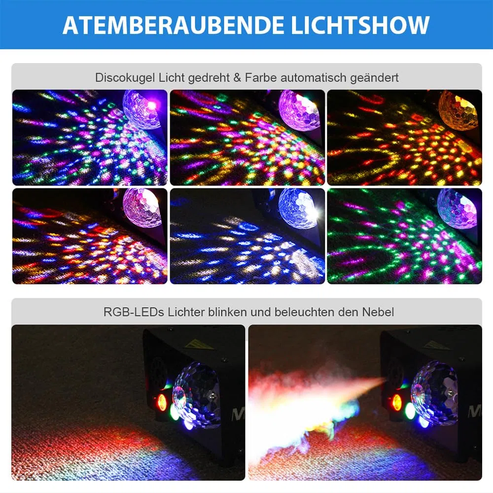 Nebelmaschine, 600W Nebelmaschine mit Discokugel-Licht und RGB-LEDs für Partys, Geburtstage, Halloween, Disco, DJ Bühneneffekt