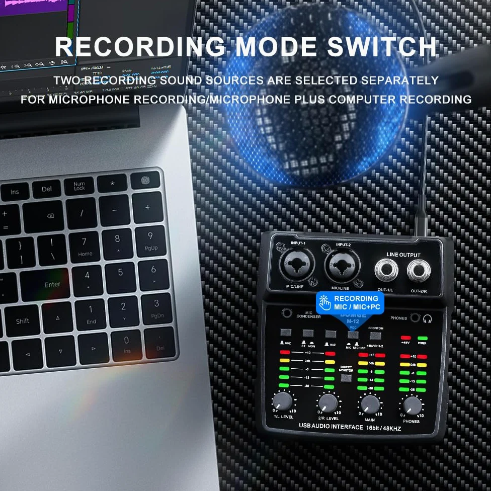 BOMGE M12 USB Audio Interface, 2-K Mixer, XLR/3,5 mm Eingang, 48V Netzteil, Soundkarte für PC Aufnahme, Studio, Live-Show, Karaoke, Plug&Play