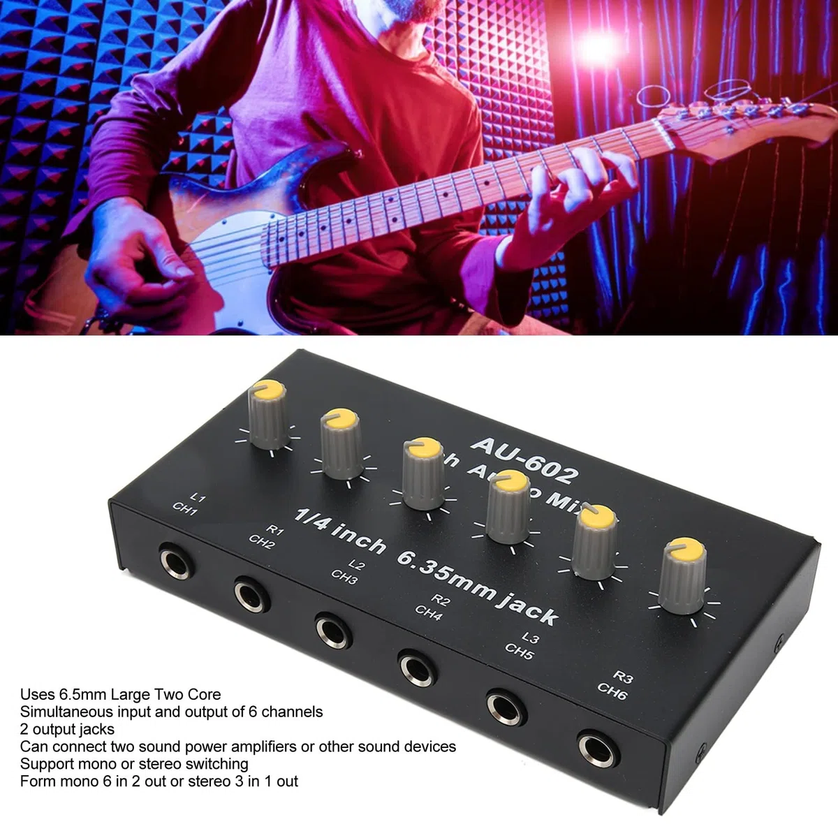 Audio-Mixer, 6 Mono-Kanäle, 3 Stereo-Kanäle, Rauscharmer 6,5-mm-Eingang/Ausgang, Line-Stereo-Sound-Mixer, für Gitarren, Bass, Keyboards, Mikrofon