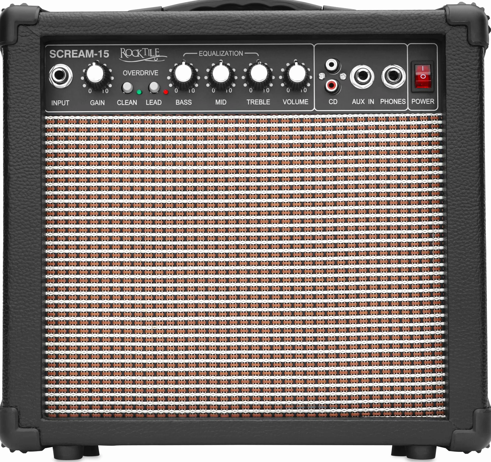 Rocktile Scream 15 Gitarrenverstärker Mini Combo Amp (15 Watt Amplifier, 2-Kanäle, Portable, AUX-In für MP3/CD, 3-Band Equalizer, Kopfhöreranschluss)
