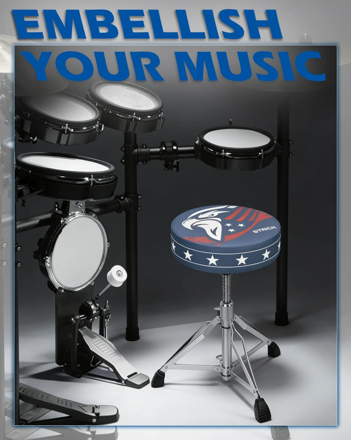 STRICH Drum Throne, höhenverstellbarer gepolsterter Sitz, Drum-Hocker, strapazierfähiger Drehstuhl für Schlagzeuger, ausgefallenes Design, doppelt verstrebter Hocker mit 5A-Drumsticks, SDB-20P, Blau