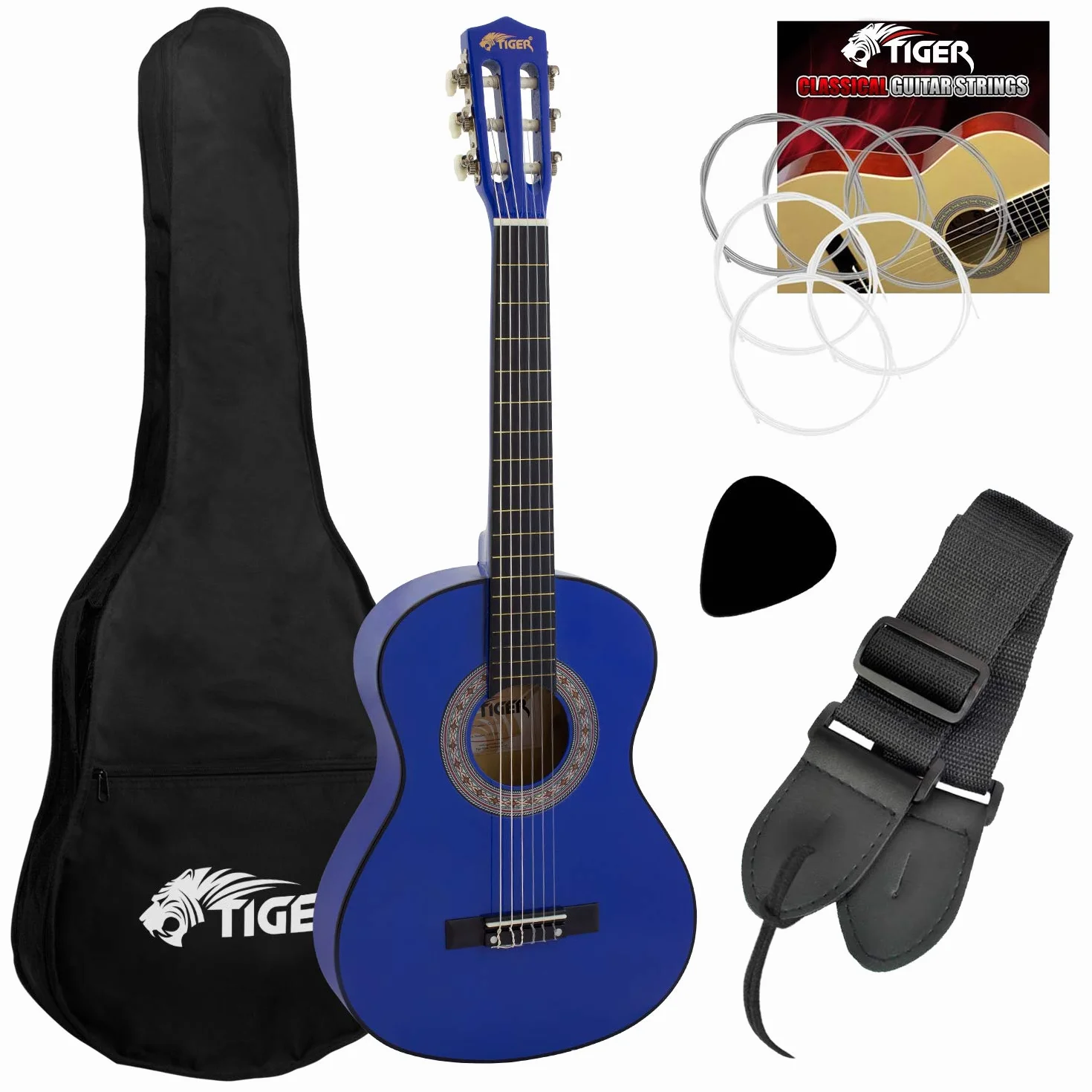 TIGER CLG6-BL Klassische Gitarre für Anfänger, 1/2 Größe, im Set - inklusive Gigbag, Ersatz-Nylonsaiten und Gitarrenpick - Blau