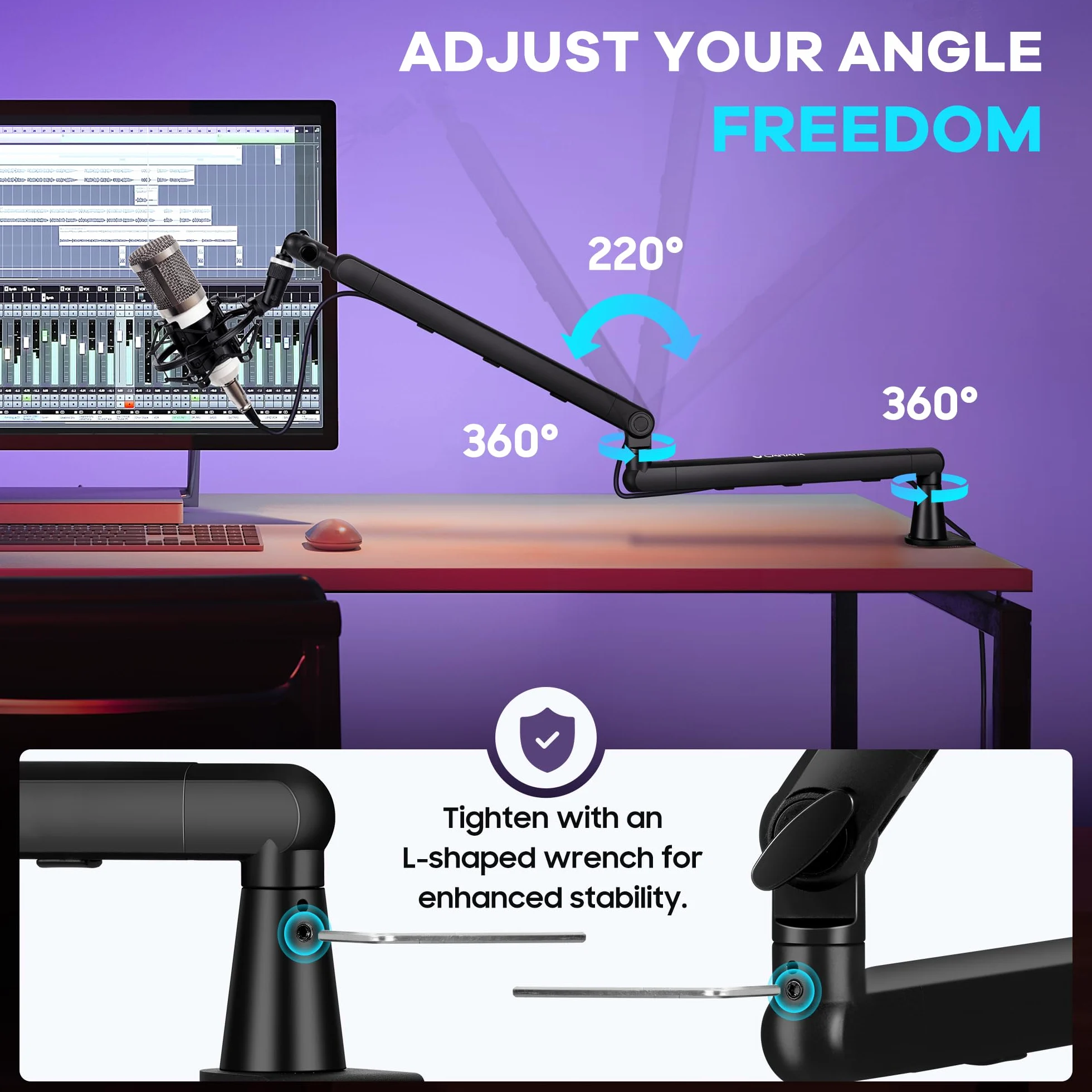 CAHAYA Mikrofon Arm Boom Arm Professionelle: Low Profile Verstellbarer Mikrofonarm mit Verlängerungsstange, Unter-Bildschirm-Design für Streaming & Recording, Tragkraft bis 2,5 kg Mikrofon Schwenkarm