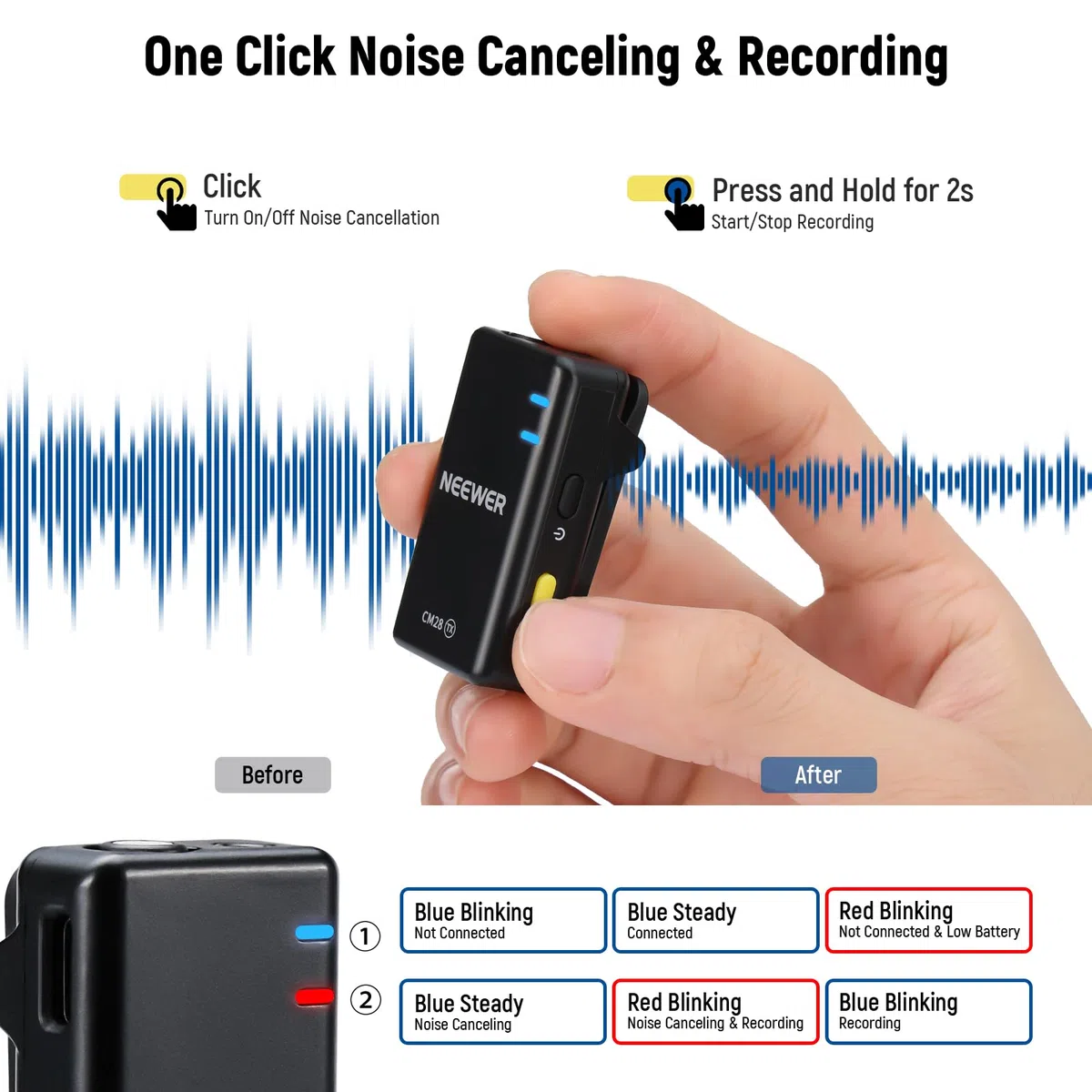 NEEWER CM28 Kabelloses Lavalier Mikrofonsystem mit Ladeetui, Geräuschunterdrückung, 4GB Speicher für 9 Std. unkomprimiertes 48kHz 16Bit Audio Ansteckmikrofon, kompatibel mit iPhone/PC/Kamera, 2er Pack