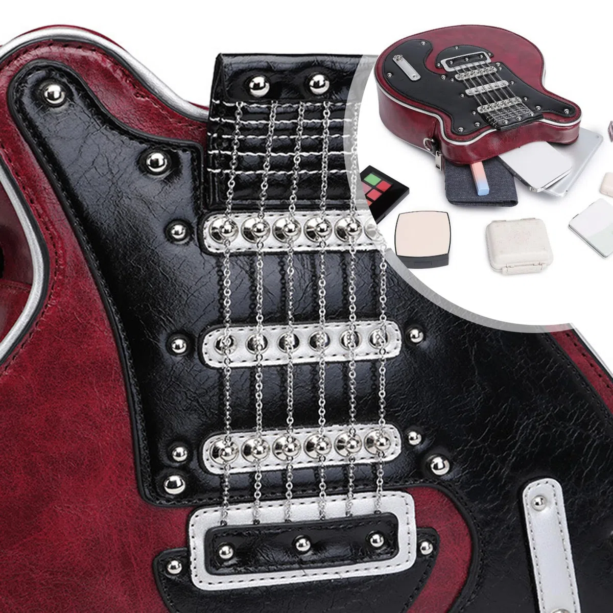 Umhängetasche in Gitarrenform, Gitarren-Geldbörse, neuartige weinrote Tasche in Gitarrenform, mit Reißverschluss, große Umhängetasche, modische, lässige Geldbörse in Gitarrenform für Ausflüge, Shoppin