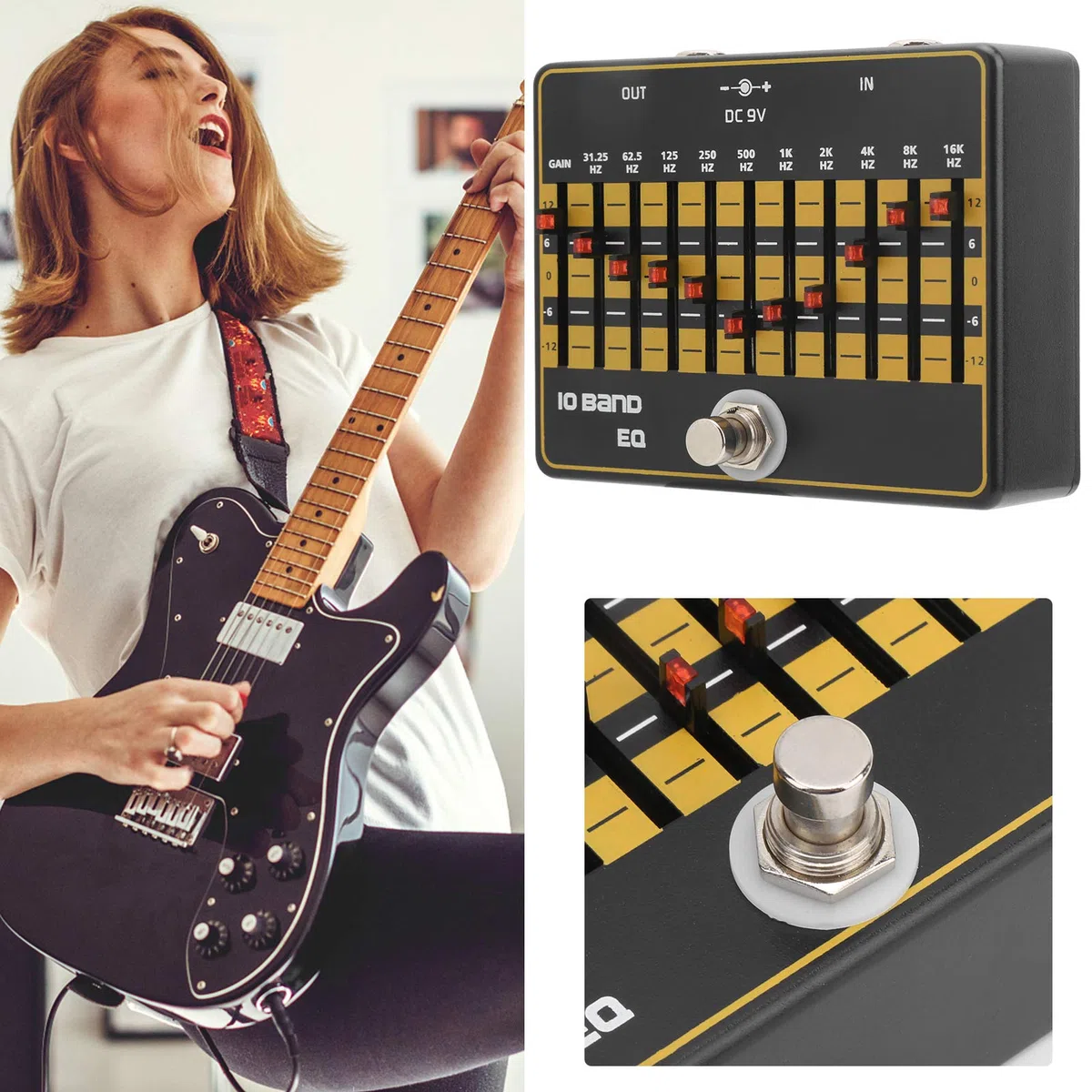 10-Band-Equalizer für E-Gitarre mit True Bypass, Lautlos, Anpassbaren Effekten, Metalldesign