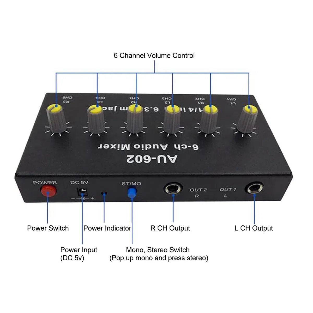 Audio-Mixer, 6 Mono-Kanäle, 3 Stereo-Kanäle, Rauscharmer 6,5-mm-Eingang/Ausgang, Line-Stereo-Sound-Mixer, für Gitarren, Bass, Keyboards, Mikrofon