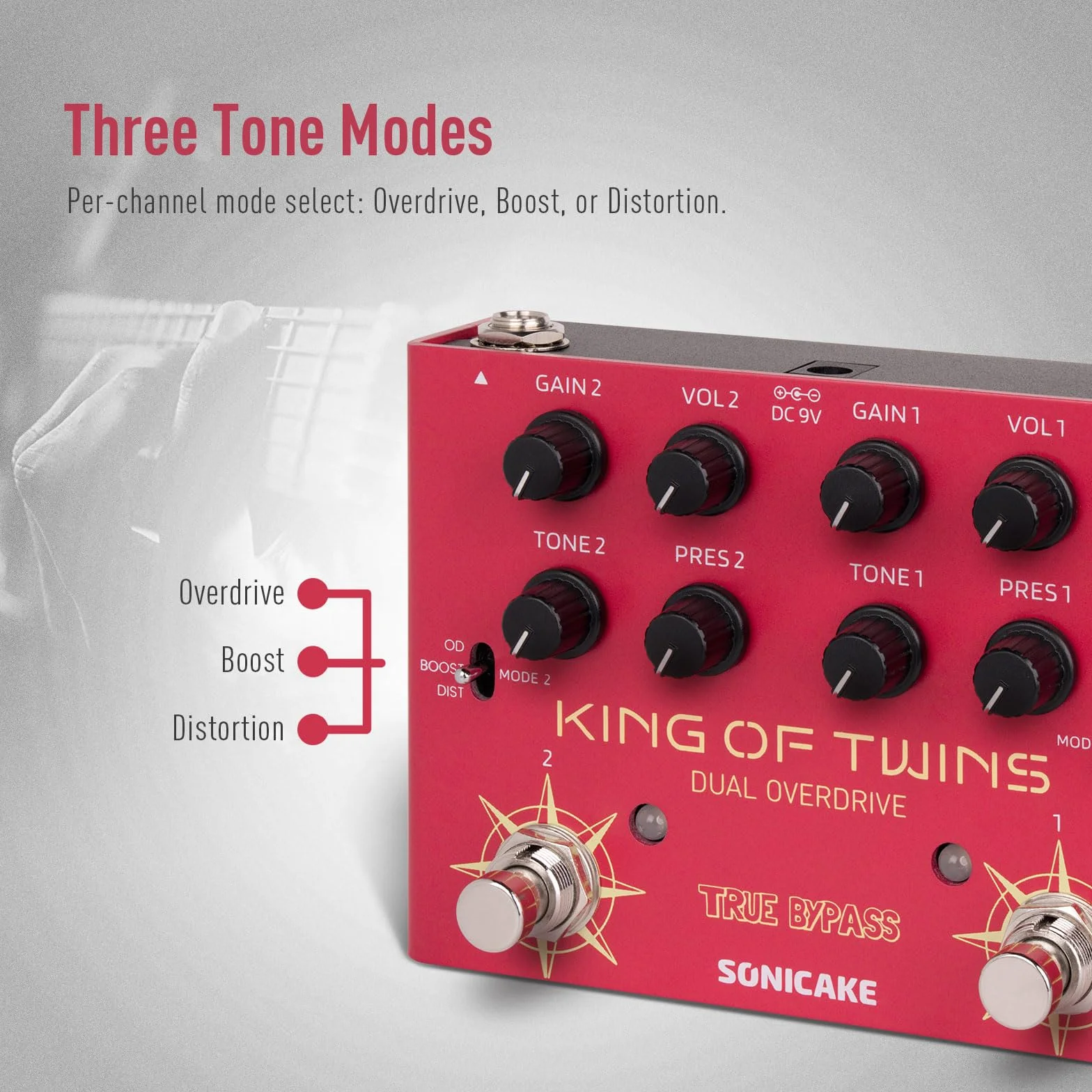SONICAKE Overdrive Pedal Dual Channel, Overdrive/Boost/Distortion 3 Modi Reine Analogschaltung True Bypass 4 Regler pro Kanal QDS-08