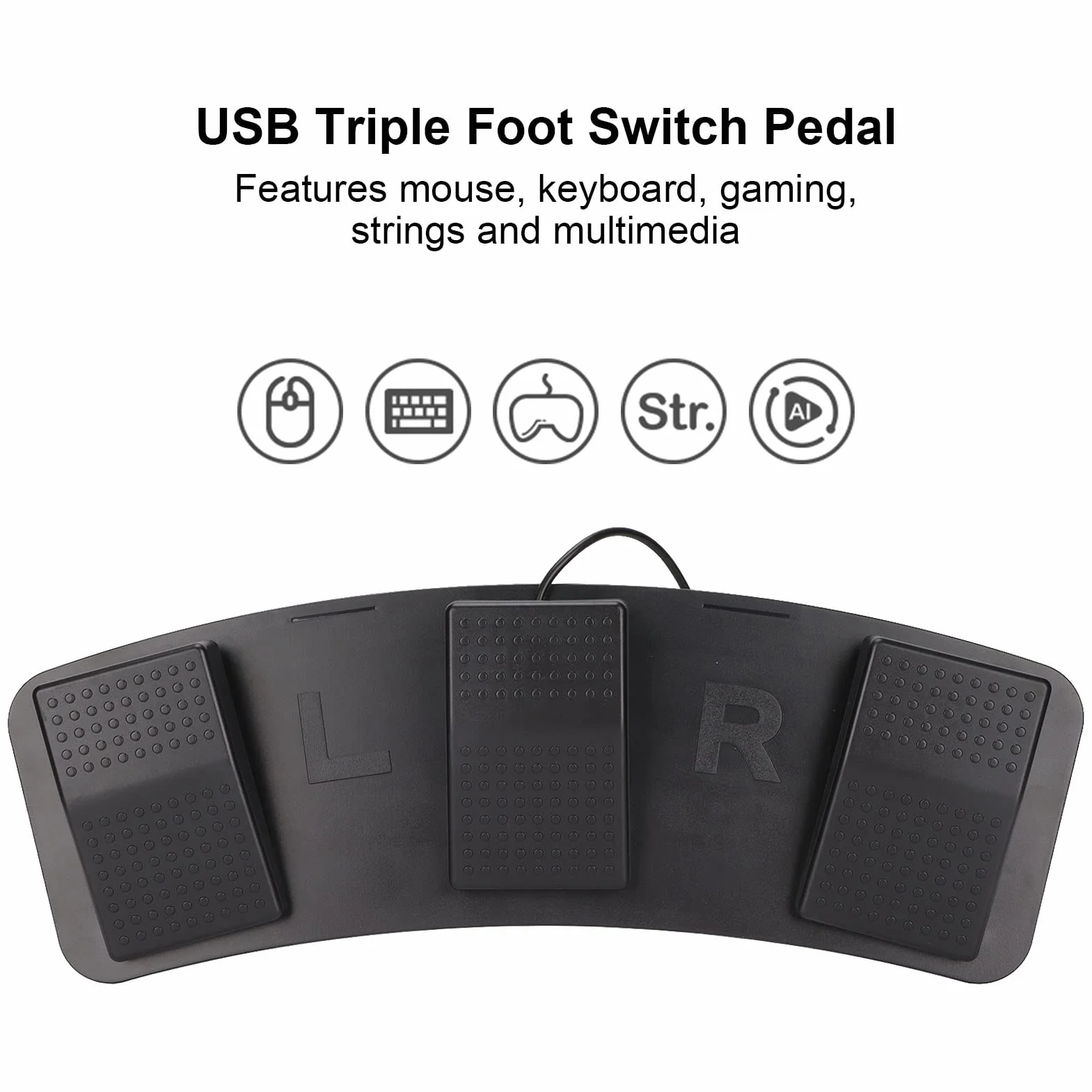 USB-Dreifach-Fußpedal, Maus-Tastatur-String und Multimedia-Funktionen. Kabelgebundener USB-Umschalter mit Individueller Programmierung, mit Breiten Pedalen für Komfort (FS23_PM