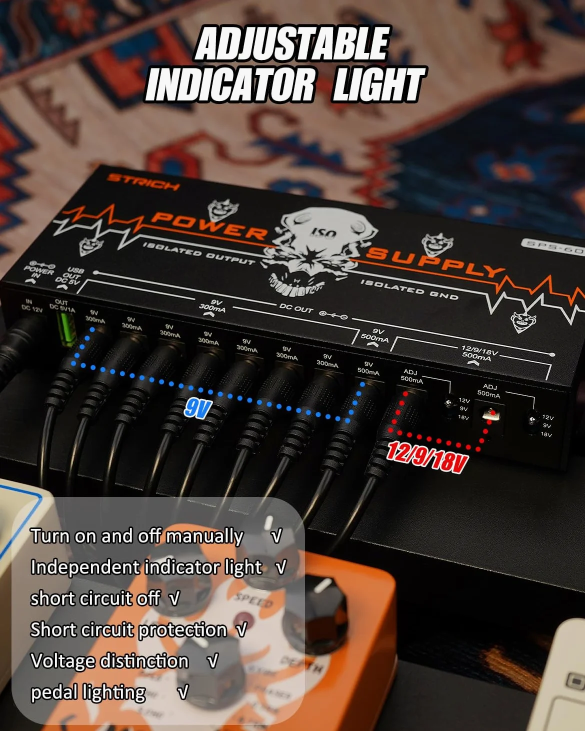STRICH SPS-60 Netzteil für Gitarrenpedale, 10 vollständig unabhängige DC-Ausgänge, Netzteil für Pedalboard mit 9V/12V/18V (300mA/500mA), Hochleistungsversorgung für Gitarrenpedale, rückwirkungsfrei