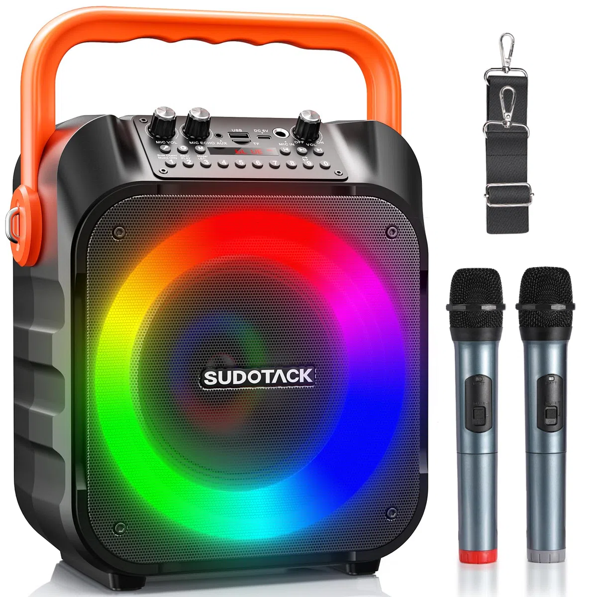 SUDOTACK Tragbare Karaoke Maschine mit 2 kabellose Mikrofone, Bluetooth Lautsprecher Box für Erwachsene/Kinder mit Lichteffekte, Unterstützt TF/USB, AUX in, FM, REC, TWS für Karaoke, Party, Geburtstag