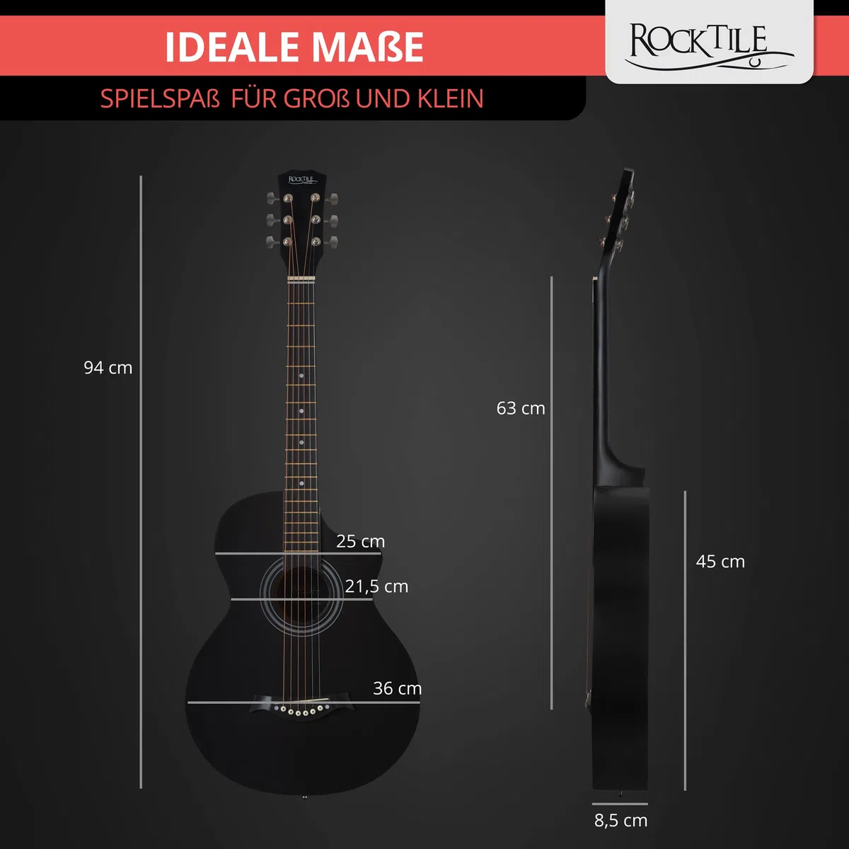 Rocktile Westerngitarre - 6 saitige kompakte Concert-Korpus Akustikgitarre mit Cutaway - Decke, Boden & Zarge aus Linde - Ideal für Einsteiger, Jugendliche & kleine Hände - Schwarz Seidenmatt