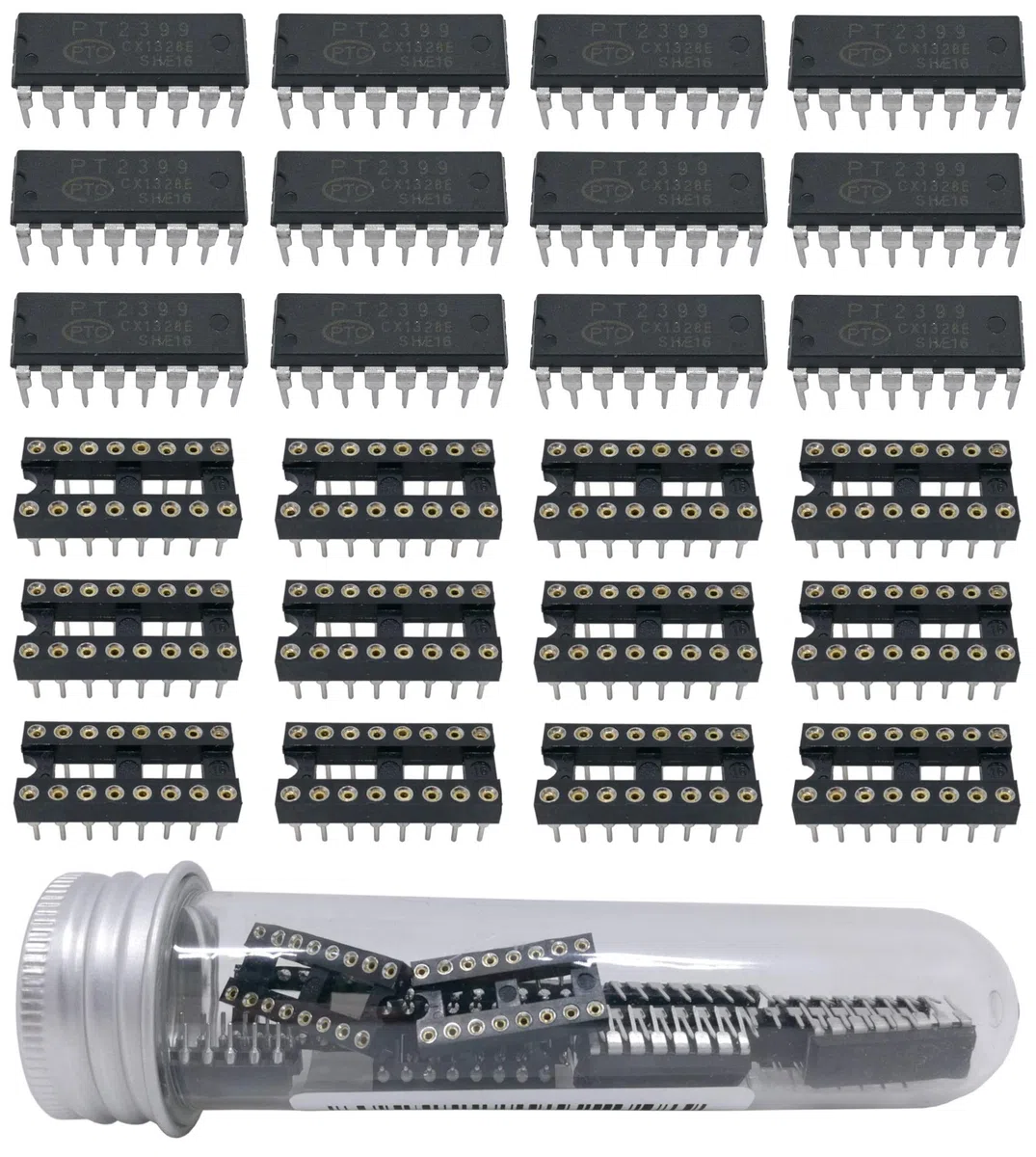 12 Stück PT2399 Echo Delay IC Chips inklusive 12 Stück 16-pin DIP Mikrochip IC Sockel