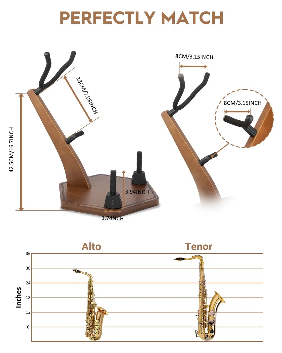 STRICH Holzständer für Alt- und Tenorsaxophon, handgefertigt aus massivem Holz, Farbe Walnuss, schwerer Sockel mit 2 Halterungen für Flöte/Klarinette