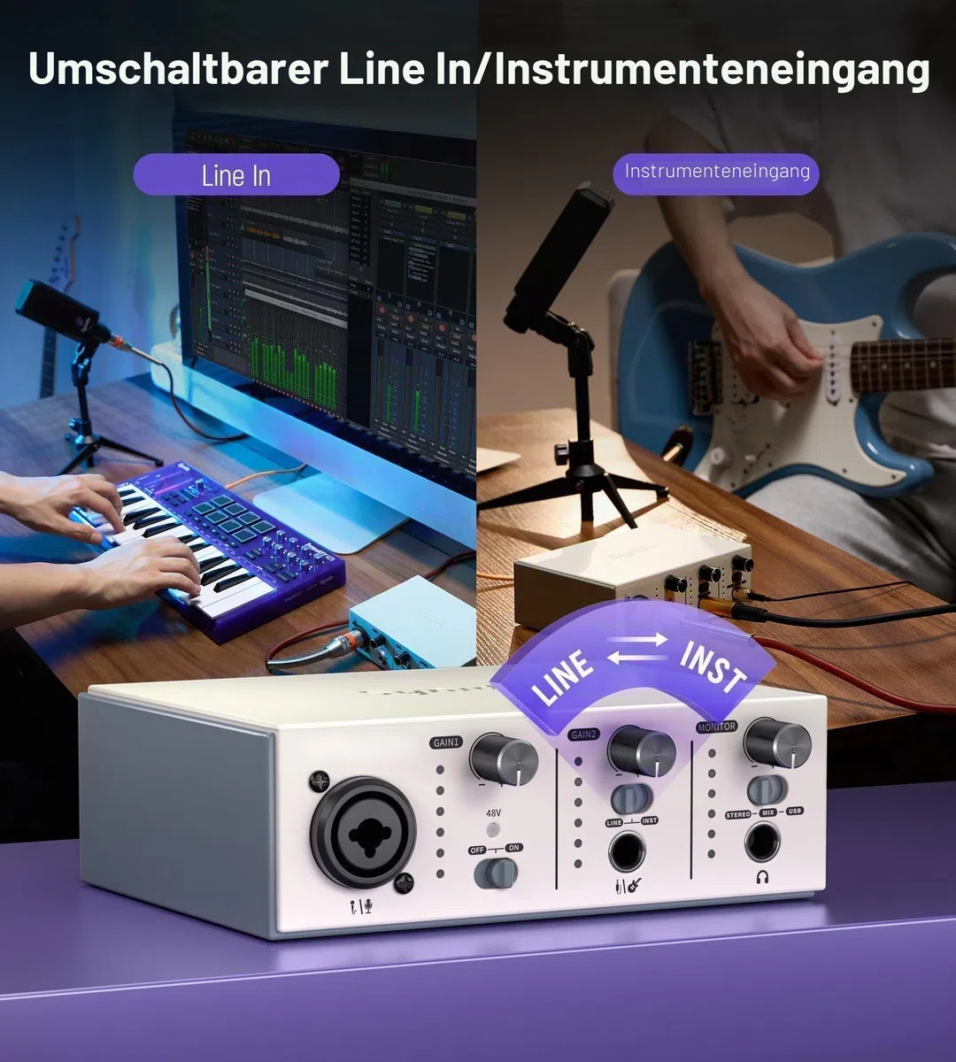 Synido USB-C Audio Interface für Aufnahme, Musikproduktion,Streaming,Podcasting Live Auftritte 2 Kanäle, 24bit/48kHz, 48VPhantomspeisung, XLR/Klinken Eingänge, 3 Monitoring Modi, für Mac/PC, Silber