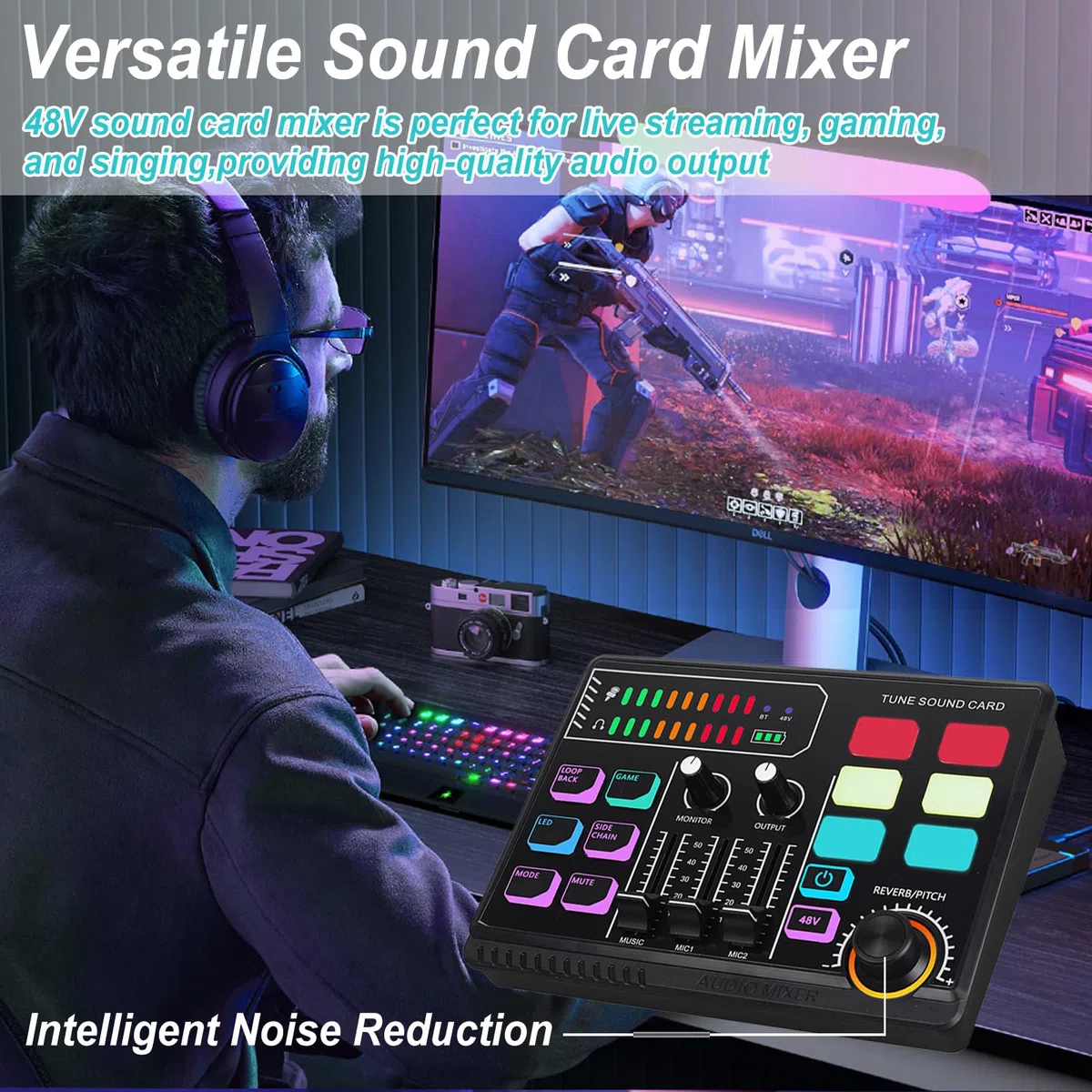 Gaming Audio Mixer,RGB Mischpult für XLR Mikrofon PC Mixer for Streaming mit 48 V Phantom Power,DIY Sound Effects,Volume Control für Streaming Musiker,Gesang,Gaming,Podcast, Aufnahme