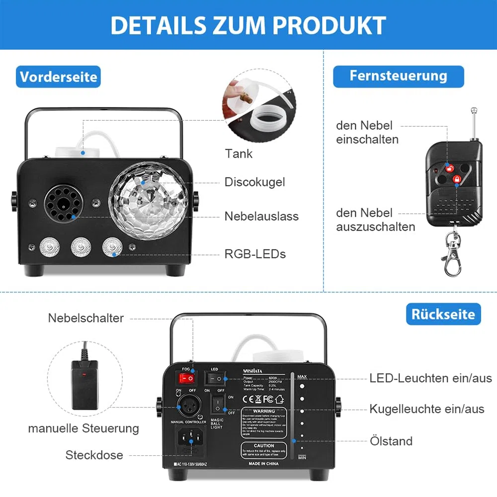 Nebelmaschine, 600W Nebelmaschine mit Discokugel-Licht und RGB-LEDs für Partys, Geburtstage, Halloween, Disco, DJ Bühneneffekt