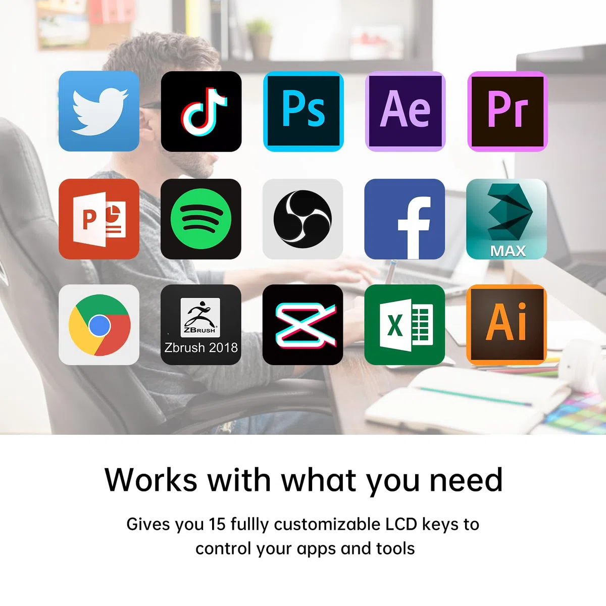 Streaming Deck-Controller 15 Makrotasten All-In-One-Tastatur Studio-Controller Live-Produktion für Mac und PC, Content Creators, Streaming, Gaming mit 15 LCD-Tasten Drehreglern