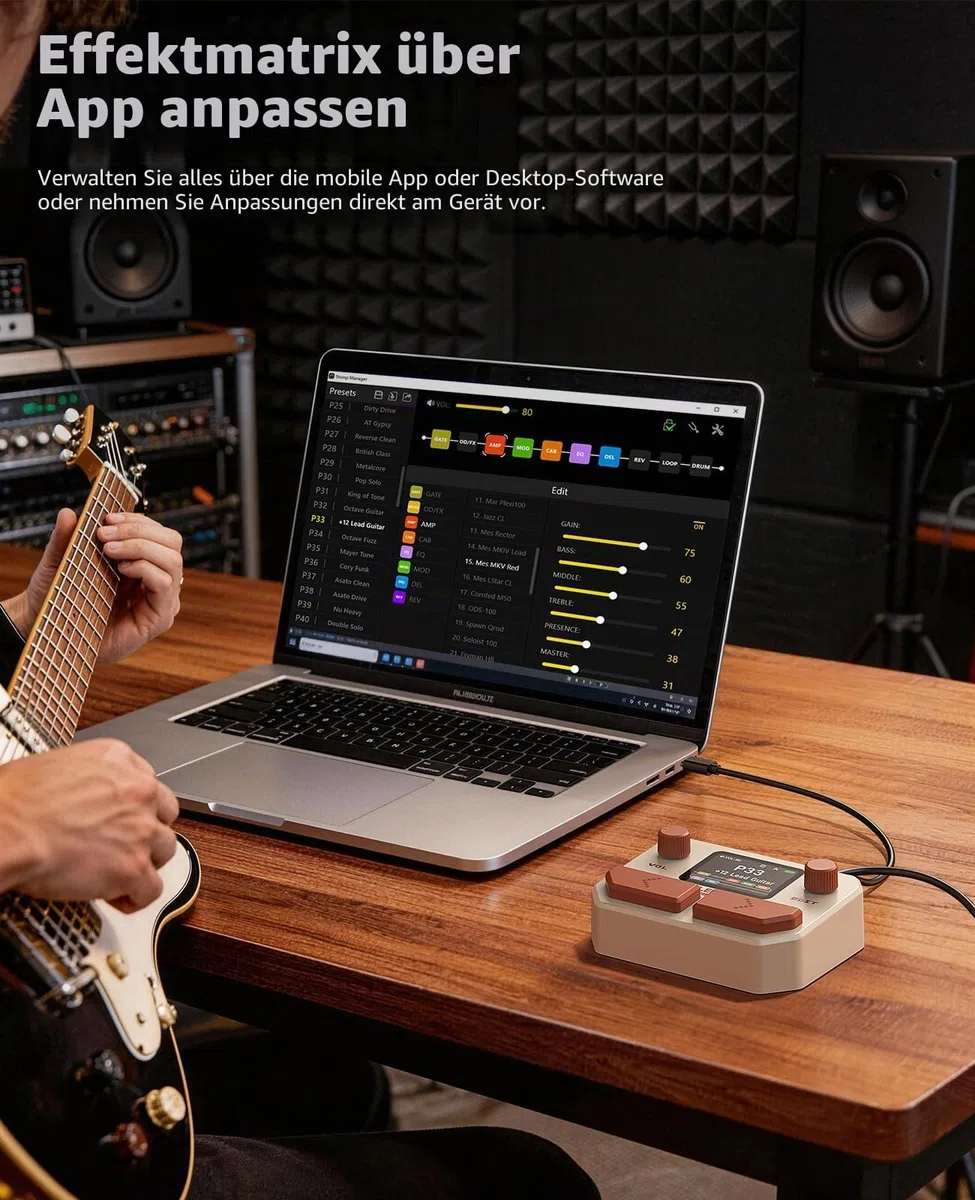 LEKATO Gitarren Effektpedal Multi-Effektprozessor für Gitarre Bass mit 10 Effektmodulen, 99 Presets, 30 Amp/Cabinet Modellen, OTG USB Audio Interface BT, 2" LCD-Display, Weiß